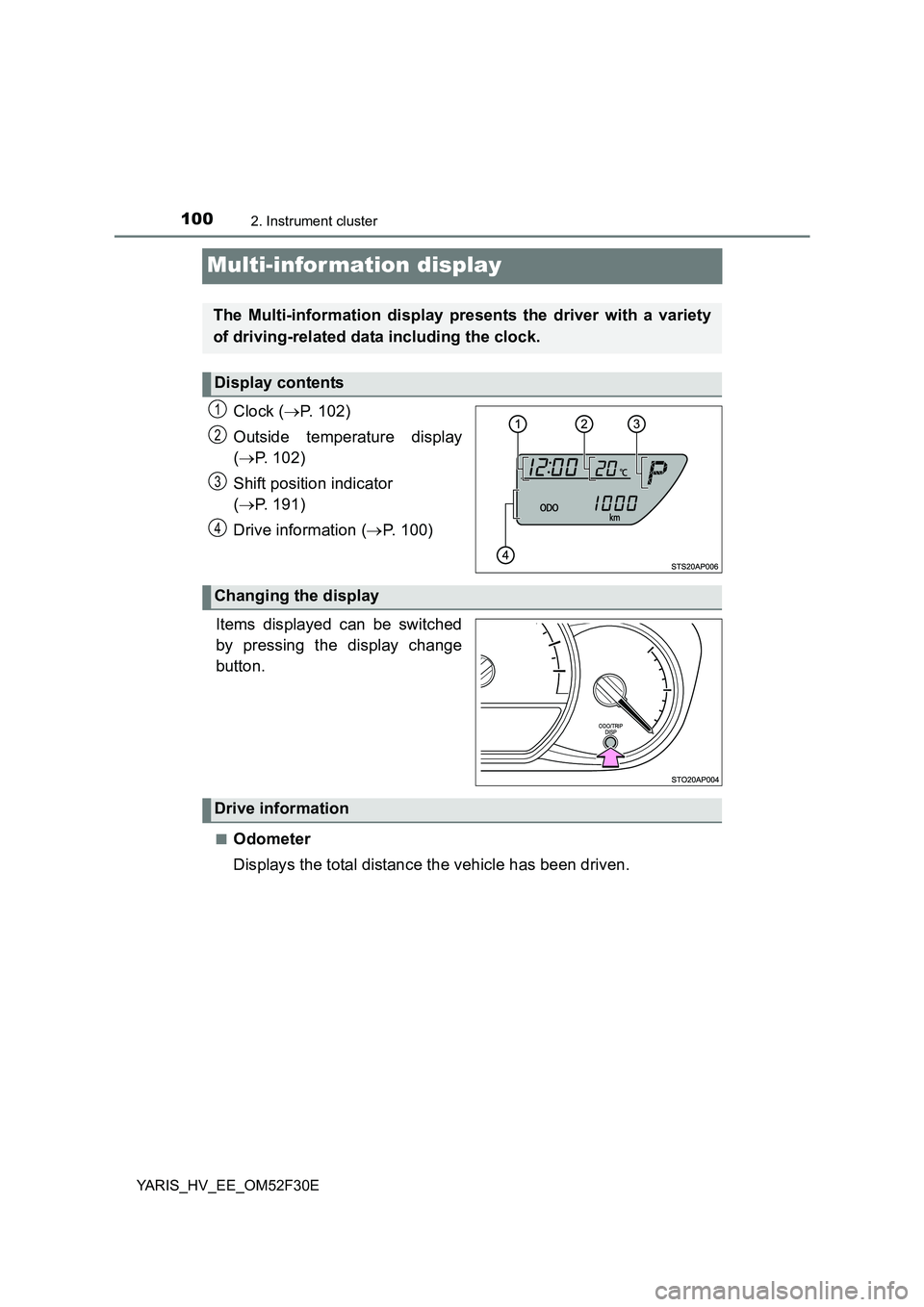 TOYOTA YARIS HYBRID 2015 Owners Manual 1002. Instrument cluster
YARIS_HV_EE_OM52F30E
Multi-information display
Clock (→P. 102)
Outside temperature display
( →P. 102)
Shift position indicator
( →P. 191)
Drive information ( →P. TOYOTA YARIS HYBRID 2015 Owners Manual 1002. Instrument cluster
YARIS_HV_EE_OM52F30E
Multi-information display
Clock (→P. 102)
Outside temperature display
( →P. 102)
Shift position indicator
( →P. 191)
Drive information ( →P.