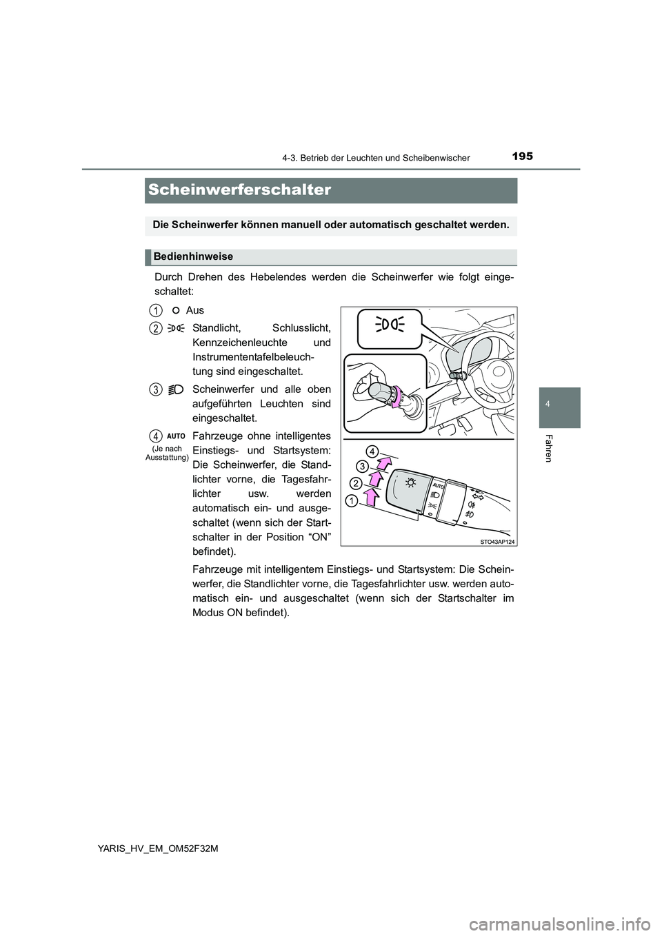 TOYOTA YARIS HYBRID 2015  Betriebsanleitungen (in German) 195
4
4-3. Betrieb der Leuchten und Scheibenwischer
Fahren
YARIS_HV_EM_OM52F32M
Scheinwerferschalter
Durch Drehen des Hebelendes werden die Scheinwerfer wie folgt einge- 
schaltet: 
Aus 
Standlicht, S