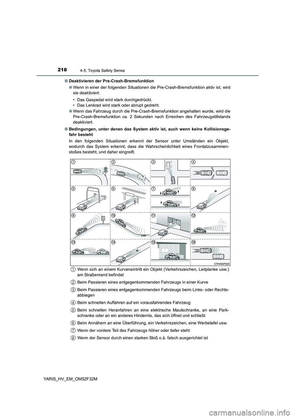 TOYOTA YARIS HYBRID 2015 Betriebsanleitungen (in German) 2184-5. Toyota Safety Sense
YARIS_HV_EM_OM52F32M
■ Deaktivieren der Pre-Crash-Bremsfunktion
● Wenn in einer der folgenden Situationen die Pre-Crash-Bremsfunktion aktiv ist, wird
sie deaktiviert TOYOTA YARIS HYBRID 2015 Betriebsanleitungen (in German) 2184-5. Toyota Safety Sense
YARIS_HV_EM_OM52F32M
■ Deaktivieren der Pre-Crash-Bremsfunktion
● Wenn in einer der folgenden Situationen die Pre-Crash-Bremsfunktion aktiv ist, wird
sie deaktiviert