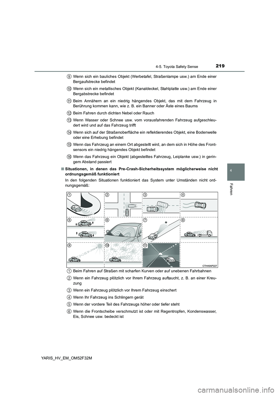 TOYOTA YARIS HYBRID 2015 Betriebsanleitungen (in German) 2194-5. Toyota Safety Sense
4
Fahren
YARIS_HV_EM_OM52F32M
Wenn sich ein bauliches Objekt (Werbetafel, Straßenlampe usw.) am Ende einer
Bergaufstrecke befindet
Wenn sich ein metallisches Objekt (Ka TOYOTA YARIS HYBRID 2015 Betriebsanleitungen (in German) 2194-5. Toyota Safety Sense
4
Fahren
YARIS_HV_EM_OM52F32M
Wenn sich ein bauliches Objekt (Werbetafel, Straßenlampe usw.) am Ende einer
Bergaufstrecke befindet
Wenn sich ein metallisches Objekt (Ka