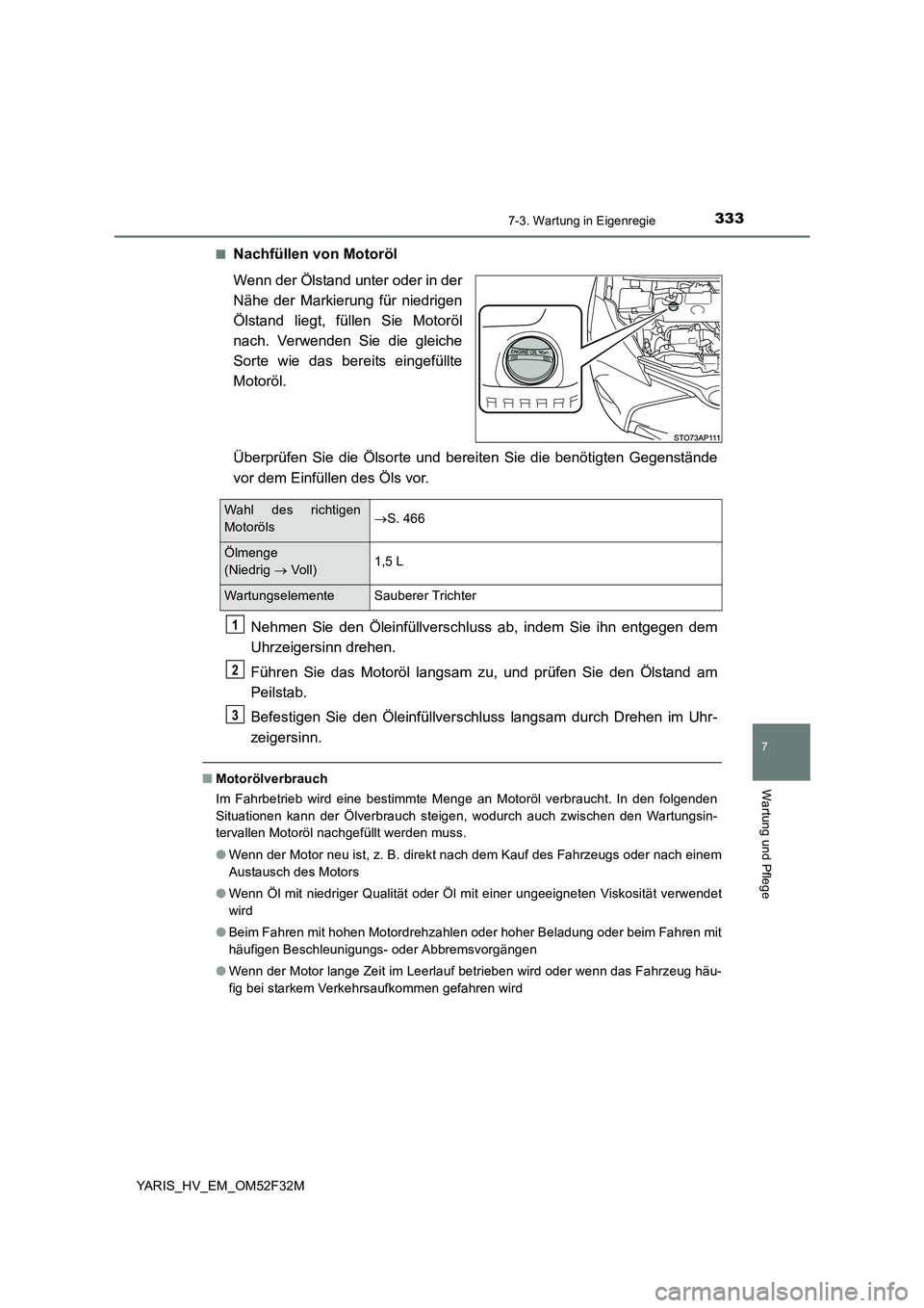 TOYOTA YARIS HYBRID 2015 Betriebsanleitungen (in German) 3337-3. Wartung in Eigenregie
7
Wartung und Pflege
YARIS_HV_EM_OM52F32M
■Nachfüllen von Motoröl
Wenn der Ölstand unter oder in der
Nähe der Markierung für niedrigen
Ölstand liegt, füllen S TOYOTA YARIS HYBRID 2015 Betriebsanleitungen (in German) 3337-3. Wartung in Eigenregie
7
Wartung und Pflege
YARIS_HV_EM_OM52F32M
■Nachfüllen von Motoröl
Wenn der Ölstand unter oder in der
Nähe der Markierung für niedrigen
Ölstand liegt, füllen S