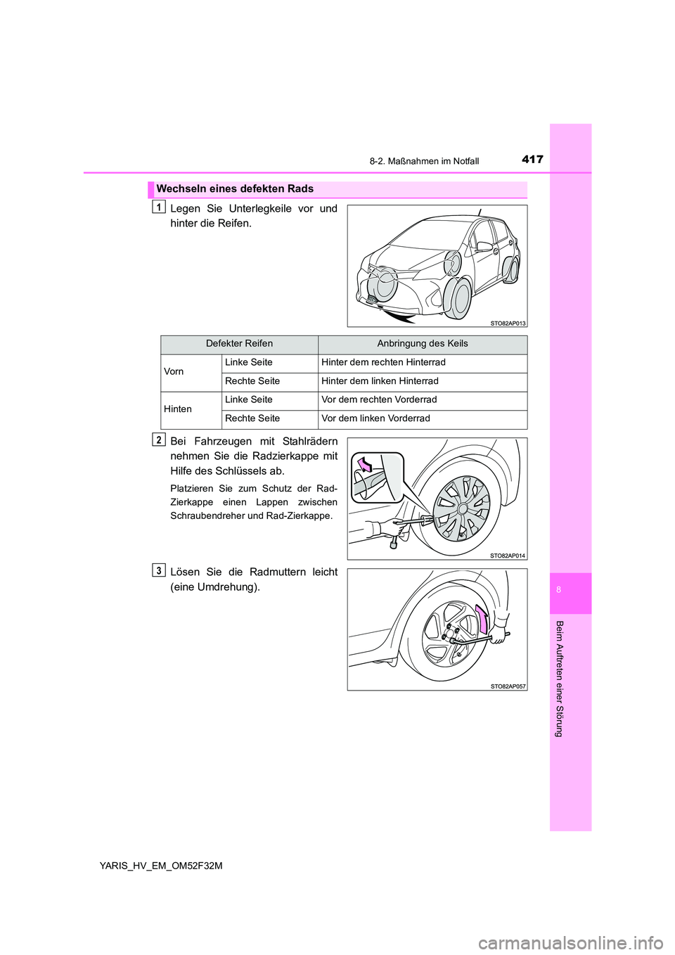 TOYOTA YARIS HYBRID 2015  Betriebsanleitungen (in German) 4178-2. Maßnahmen im Notfall
8
Beim Auftreten einer Störung
YARIS_HV_EM_OM52F32M
Legen Sie Unterlegkeile vor und 
hinter die Reifen. 
Bei Fahrzeugen mit Stahlrädern 
nehmen Sie die Radzierkappe mit