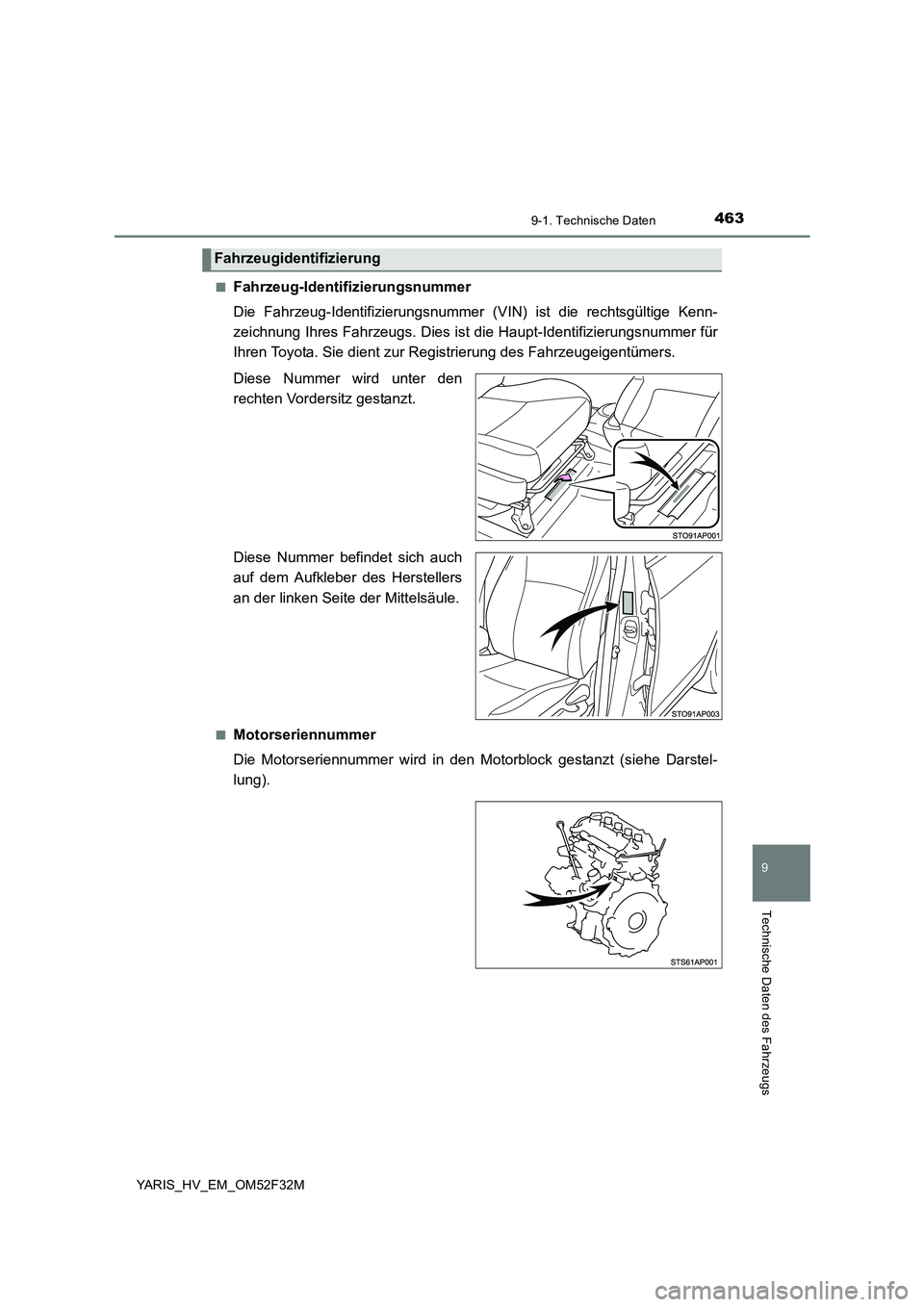 TOYOTA YARIS HYBRID 2015 Betriebsanleitungen (in German) 4639-1. Technische Daten
9
Technische Daten des Fahrzeugs
YARIS_HV_EM_OM52F32M
■Fahrzeug-Identifizierungsnummer
Die Fahrzeug-Identifizierungsnummer (VIN) ist die rechtsgültige Kenn-
zeichnung I TOYOTA YARIS HYBRID 2015 Betriebsanleitungen (in German) 4639-1. Technische Daten
9
Technische Daten des Fahrzeugs
YARIS_HV_EM_OM52F32M
■Fahrzeug-Identifizierungsnummer
Die Fahrzeug-Identifizierungsnummer (VIN) ist die rechtsgültige Kenn-
zeichnung I