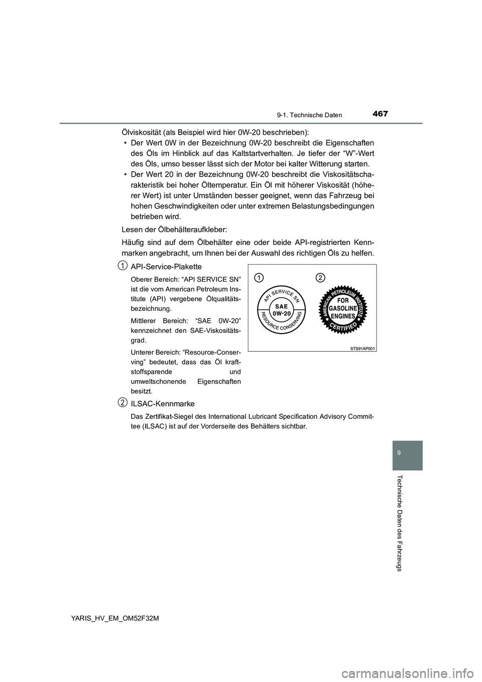 TOYOTA YARIS HYBRID 2015 Betriebsanleitungen (in German) 4679-1. Technische Daten
9
Technische Daten des Fahrzeugs
YARIS_HV_EM_OM52F32M
Ölviskosität (als Beispiel wird hier 0W-20 beschrieben):
• Der Wert 0W in der Bezeichnung 0W-20 beschreibt die Eige TOYOTA YARIS HYBRID 2015 Betriebsanleitungen (in German) 4679-1. Technische Daten
9
Technische Daten des Fahrzeugs
YARIS_HV_EM_OM52F32M
Ölviskosität (als Beispiel wird hier 0W-20 beschrieben):
• Der Wert 0W in der Bezeichnung 0W-20 beschreibt die Eige