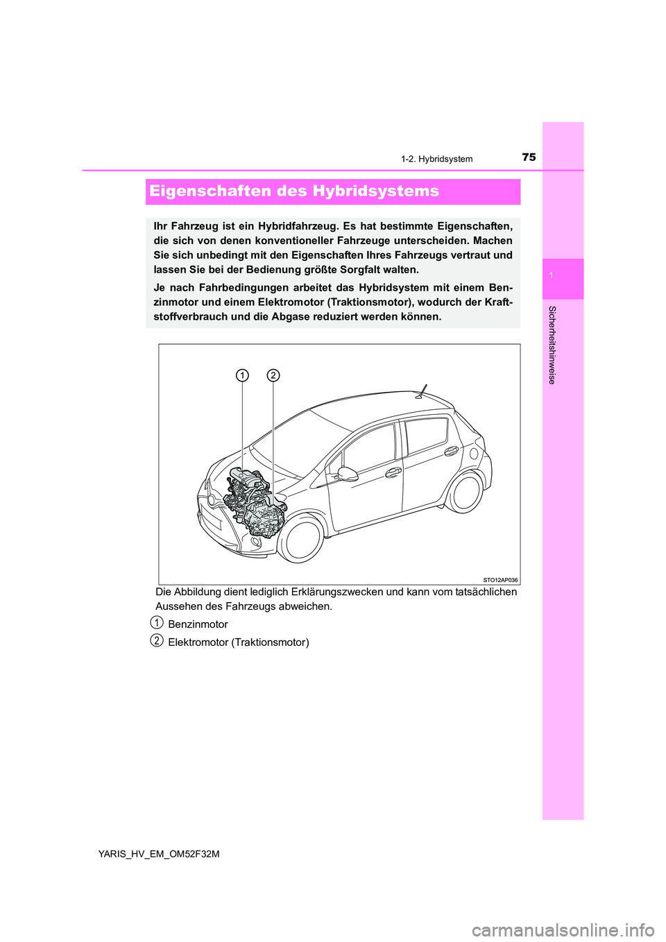 TOYOTA YARIS HYBRID 2015  Betriebsanleitungen (in German) 75
1
1-2. Hybridsystem
Sicherheitshinweise
YARIS_HV_EM_OM52F32M
Eigenschaften des Hybridsystems
Die Abbildung dient lediglich Erklärungszwecken und kann vom tatsächlichen 
Aussehen des Fahrzeugs abw