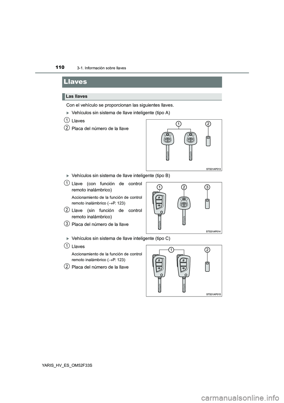 TOYOTA YARIS HYBRID 2015  Manual del propietario (in Spanish) 1103-1. Información sobre llaves
YARIS_HV_ES_OM52F33S
Llaves
Con el vehículo se proporcionan las siguientes llaves.
�XVehículos sin sistema de llave inteligente (tipo A) 
Llaves 
Placa del número 