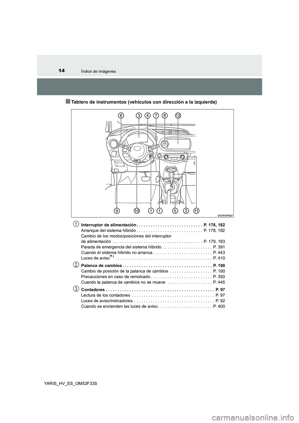TOYOTA YARIS HYBRID 2015  Manual del propietario (in Spanish) 14Índice de imágenes
YARIS_HV_ES_OM52F33S
■Tablero de instrumentos (vehículos con dirección a la izquierda)
Interruptor de alimentación . . . . . . . . . . . . . . . . . . . . . . . . . . . .  