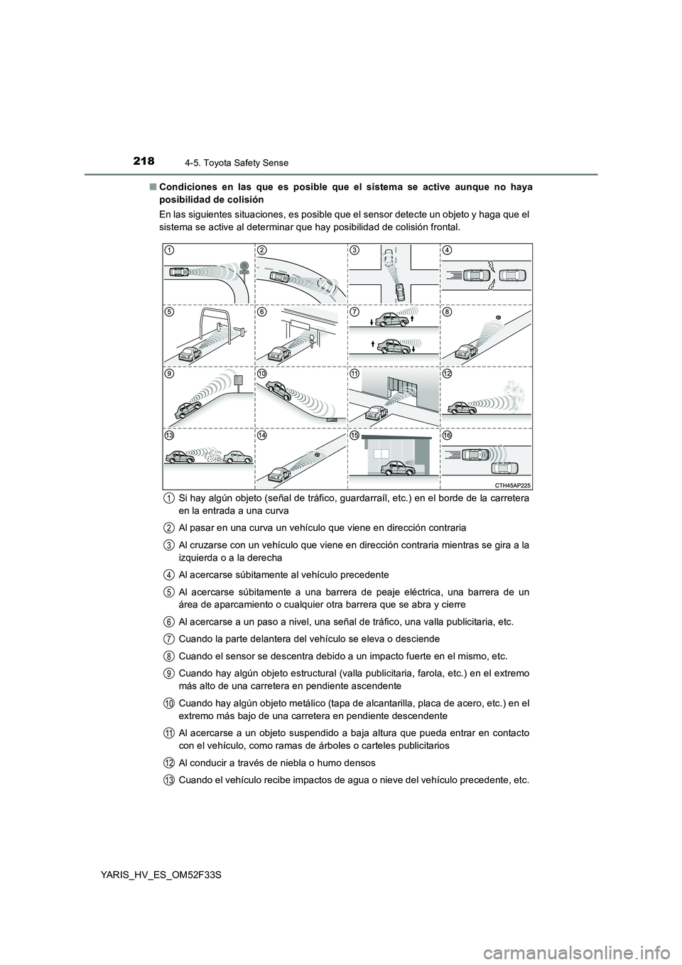 TOYOTA YARIS HYBRID 2015 Manual del propietario (in Spanish) 2184-5. Toyota Safety Sense
YARIS_HV_ES_OM52F33S
■ Condiciones en las que es posible que el sistema se active aunque no haya
posibilidad de colisión
En las siguientes situaciones, es posible que TOYOTA YARIS HYBRID 2015 Manual del propietario (in Spanish) 2184-5. Toyota Safety Sense
YARIS_HV_ES_OM52F33S
■ Condiciones en las que es posible que el sistema se active aunque no haya
posibilidad de colisión
En las siguientes situaciones, es posible que