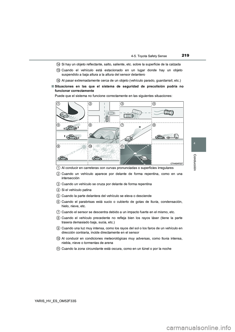 TOYOTA YARIS HYBRID 2015 Manual del propietario (in Spanish) 2194-5. Toyota Safety Sense
4
Conducción
YARIS_HV_ES_OM52F33S
Si hay un objeto reflectante, salto, saliente, etc. sobre la superficie de la calzada
Cuando el vehículo está estacionado en un lugar TOYOTA YARIS HYBRID 2015 Manual del propietario (in Spanish) 2194-5. Toyota Safety Sense
4
Conducción
YARIS_HV_ES_OM52F33S
Si hay un objeto reflectante, salto, saliente, etc. sobre la superficie de la calzada
Cuando el vehículo está estacionado en un lugar