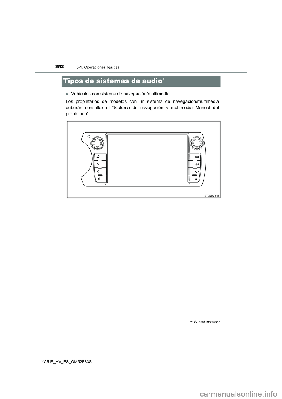 TOYOTA YARIS HYBRID 2015  Manual del propietario (in Spanish) 2525-1. Operaciones básicas
YARIS_HV_ES_OM52F33S
Tipos de sistemas de audio∗
�XVehículos con sistema de navegación/multimedia 
Los propietarios de modelos con un sistema de navegación/multimedia