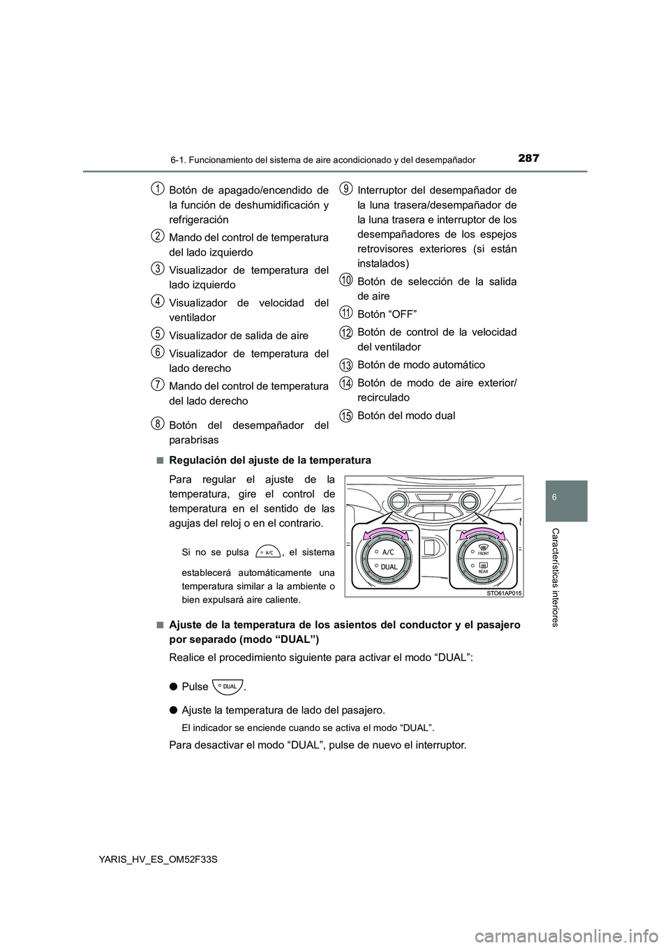 TOYOTA YARIS HYBRID 2015  Manual del propietario (in Spanish) 2876-1. Funcionamiento del sistema de aire acondicionado y del desempañador
6
Características interiores
YARIS_HV_ES_OM52F33S 
■Regulación del ajuste de la temperatura 
Para regular el ajuste de 