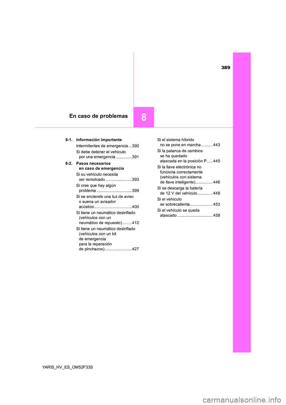 TOYOTA YARIS HYBRID 2015 Manual del propietario (in Spanish) 389
8En caso de problemas
YARIS_HV_ES_OM52F33S
8-1. Información importante
Intermitentes de emergencia ...390
Si debe detener el vehículo
por una emergencia ..............391
8-2. Pasos necesa TOYOTA YARIS HYBRID 2015 Manual del propietario (in Spanish) 389
8En caso de problemas
YARIS_HV_ES_OM52F33S
8-1. Información importante
Intermitentes de emergencia ...390
Si debe detener el vehículo
por una emergencia ..............391
8-2. Pasos necesa