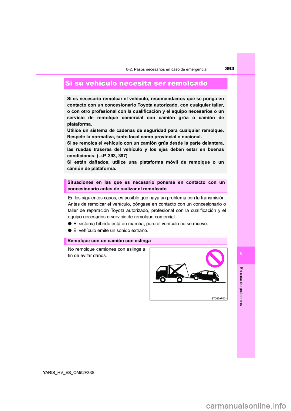 TOYOTA YARIS HYBRID 2015 Manual del propietario (in Spanish) 3938-2. Pasos necesarios en caso de emergencia
8
En caso de problemas
YARIS_HV_ES_OM52F33S
Si su vehículo necesita ser remolcado
En los siguientes casos, es posible que haya un problema con la transm TOYOTA YARIS HYBRID 2015 Manual del propietario (in Spanish) 3938-2. Pasos necesarios en caso de emergencia
8
En caso de problemas
YARIS_HV_ES_OM52F33S
Si su vehículo necesita ser remolcado
En los siguientes casos, es posible que haya un problema con la transm