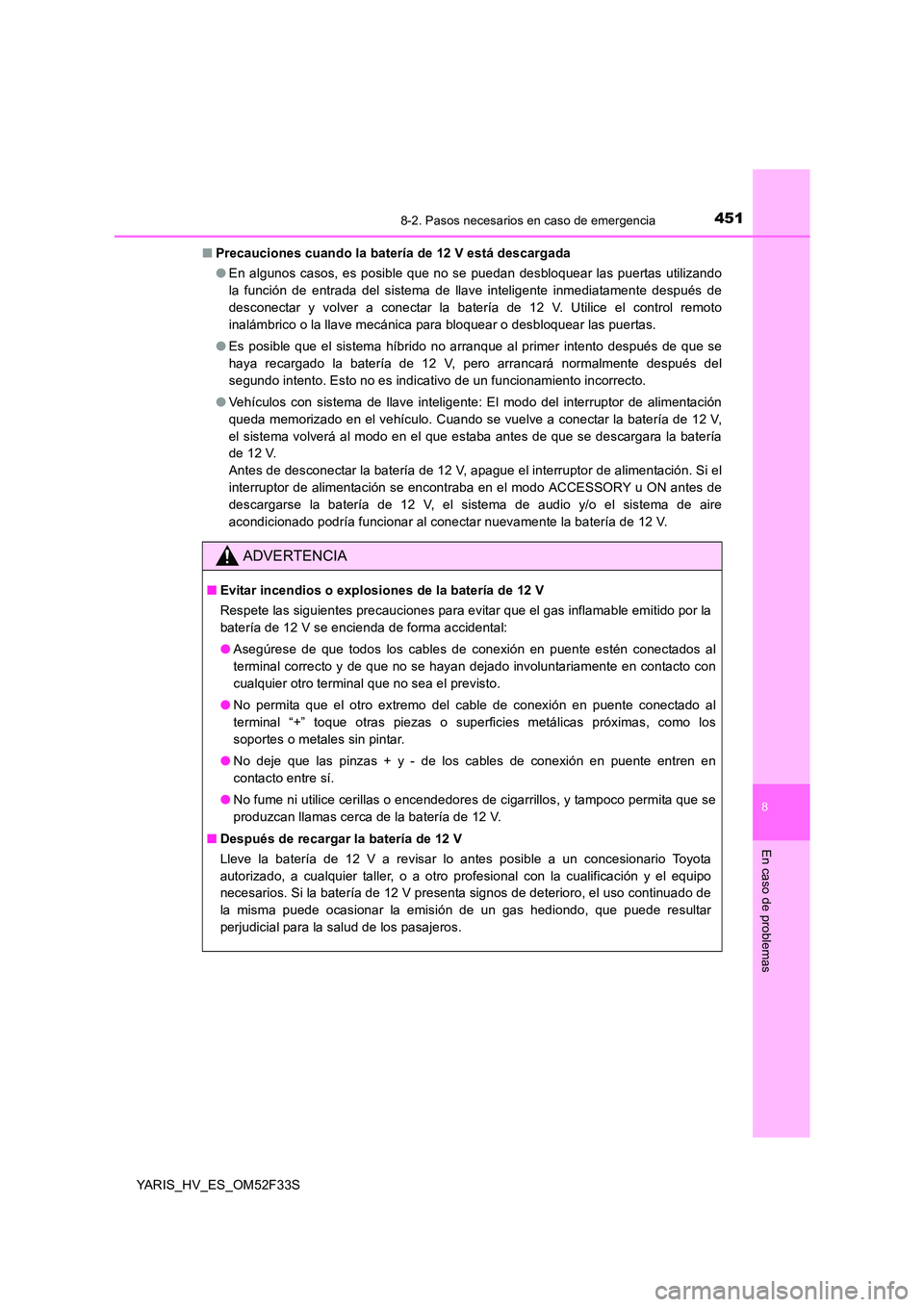 TOYOTA YARIS HYBRID 2015 Manual del propietario (in Spanish) 4518-2. Pasos necesarios en caso de emergencia
8
En caso de problemas
YARIS_HV_ES_OM52F33S
■ Precauciones cuando la batería de 12 V está descargada
● En algunos casos, es posible que no se pue TOYOTA YARIS HYBRID 2015 Manual del propietario (in Spanish) 4518-2. Pasos necesarios en caso de emergencia
8
En caso de problemas
YARIS_HV_ES_OM52F33S
■ Precauciones cuando la batería de 12 V está descargada
● En algunos casos, es posible que no se pue