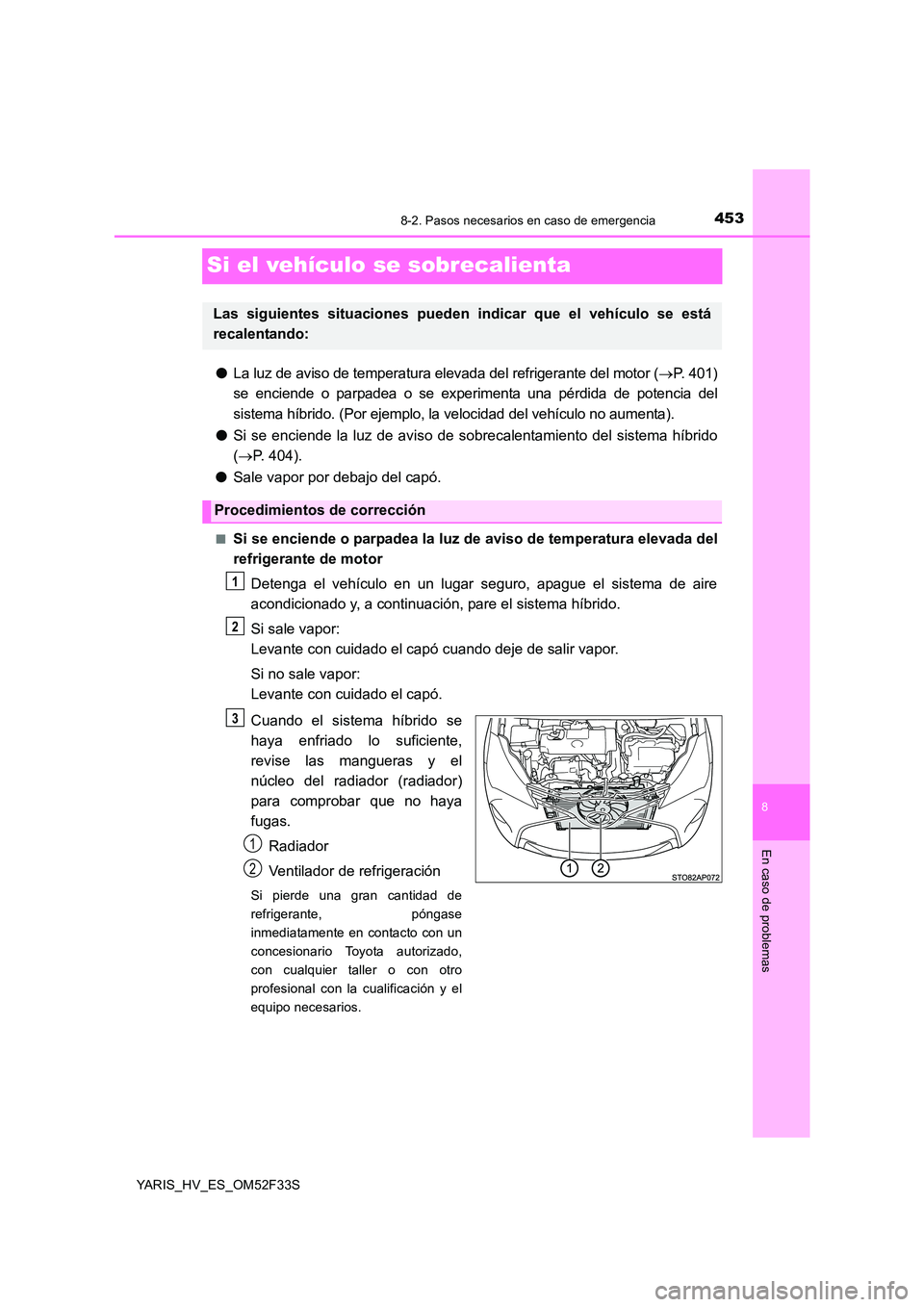 TOYOTA YARIS HYBRID 2015 Manual del propietario (in Spanish) 4538-2. Pasos necesarios en caso de emergencia
8
En caso de problemas
YARIS_HV_ES_OM52F33S
Si el vehículo se sobrecalienta
●La luz de aviso de temperatura elevada del refrigerante del motor (→P. TOYOTA YARIS HYBRID 2015 Manual del propietario (in Spanish) 4538-2. Pasos necesarios en caso de emergencia
8
En caso de problemas
YARIS_HV_ES_OM52F33S
Si el vehículo se sobrecalienta
●La luz de aviso de temperatura elevada del refrigerante del motor (→P.