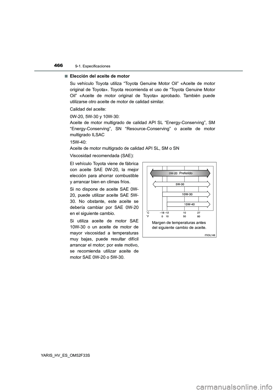 TOYOTA YARIS HYBRID 2015 Manual del propietario (in Spanish) 4669-1. Especificaciones
YARIS_HV_ES_OM52F33S
■Elección del aceite de motor
Su vehículo Toyota utiliza “Toyota Genuine Motor Oil” «Aceite de motor
original de Toyota». Toyota recomienda e TOYOTA YARIS HYBRID 2015 Manual del propietario (in Spanish) 4669-1. Especificaciones
YARIS_HV_ES_OM52F33S
■Elección del aceite de motor
Su vehículo Toyota utiliza “Toyota Genuine Motor Oil” «Aceite de motor
original de Toyota». Toyota recomienda e