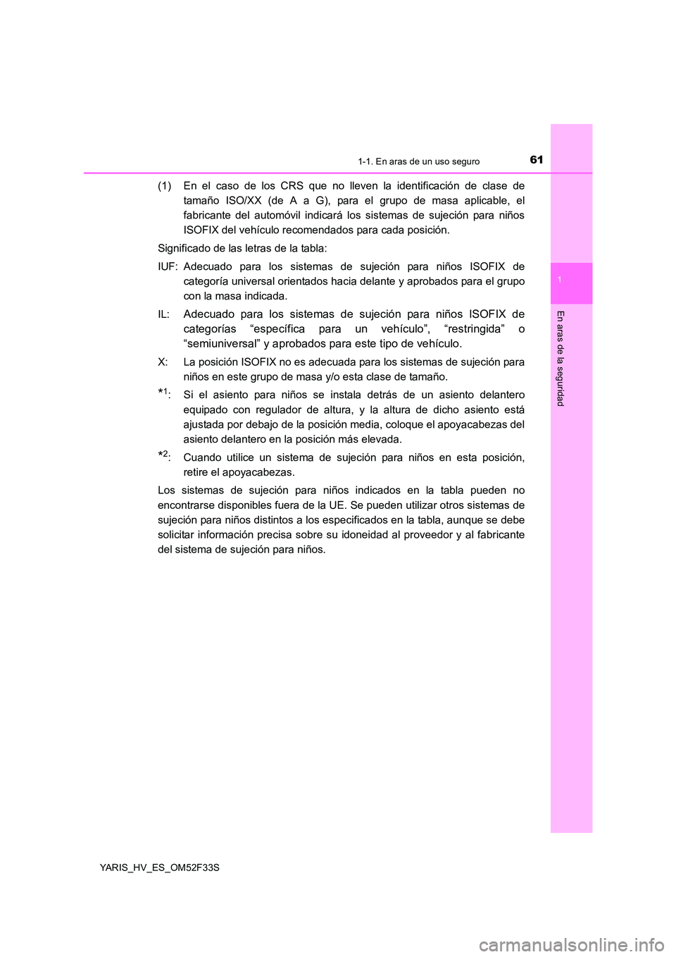 TOYOTA YARIS HYBRID 2015 Manual del propietario (in Spanish) 611-1. En aras de un uso seguro
1
En aras de la seguridad
YARIS_HV_ES_OM52F33S
(1) En el caso de los CRS que no lleven la identificación de clase de
tamaño ISO/XX (de A a G), para el grupo de masa TOYOTA YARIS HYBRID 2015 Manual del propietario (in Spanish) 611-1. En aras de un uso seguro
1
En aras de la seguridad
YARIS_HV_ES_OM52F33S
(1) En el caso de los CRS que no lleven la identificación de clase de
tamaño ISO/XX (de A a G), para el grupo de masa