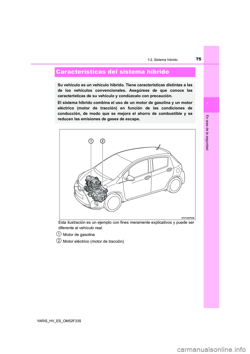 TOYOTA YARIS HYBRID 2015  Manual del propietario (in Spanish) 75
1
1-2. Sistema híbrido
En aras de la seguridad
YARIS_HV_ES_OM52F33S
Características del sistema híbrido
Esta ilustración es un ejemplo con fines meramente explicativos y puede ser 
diferente al