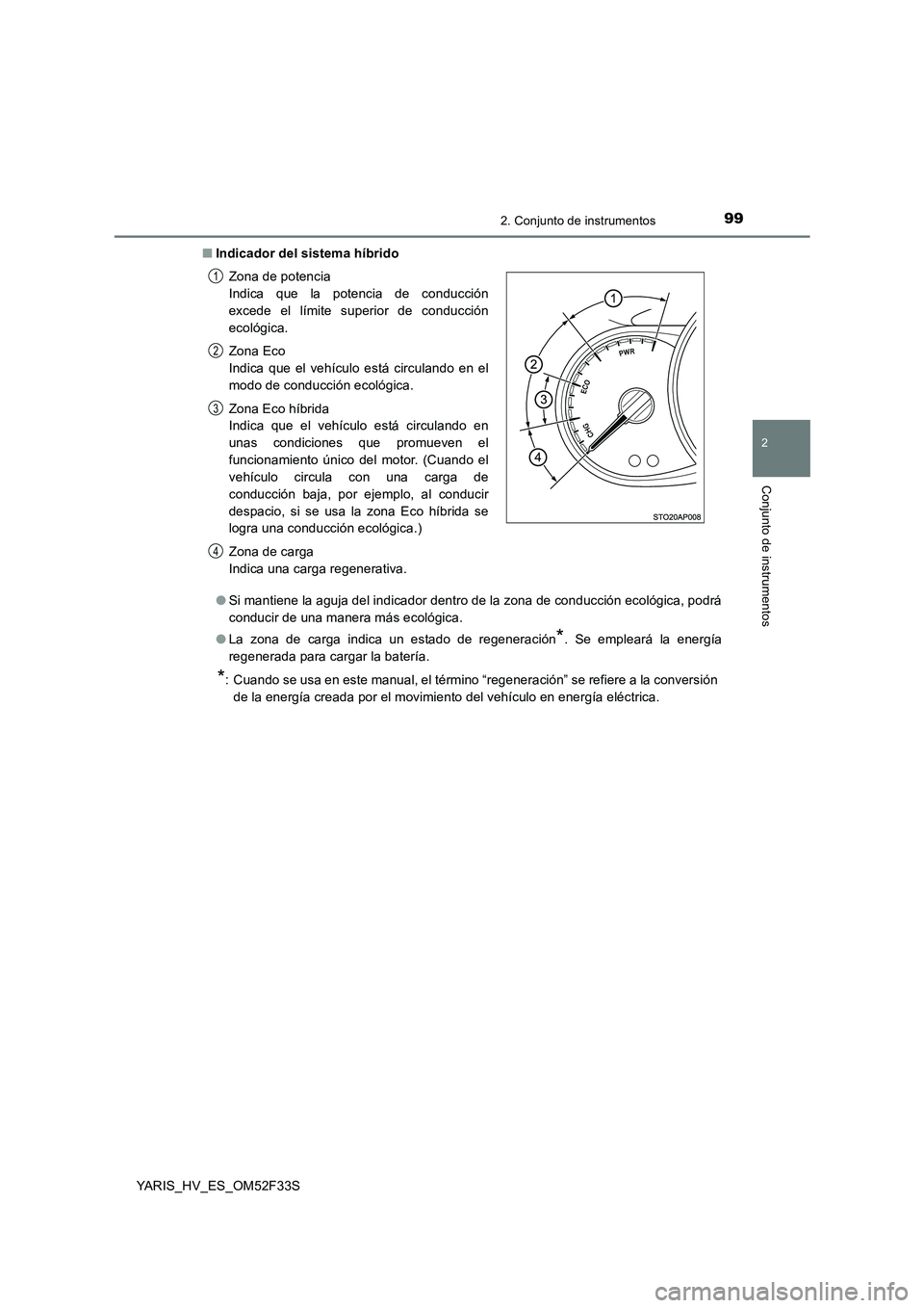 TOYOTA YARIS HYBRID 2015  Manual del propietario (in Spanish) 992. Conjunto de instrumentos
2
Conjunto de instrumentos
YARIS_HV_ES_OM52F33S 
■ Indicador del sistema híbrido 
● Si mantiene la aguja del indicador dentro de la zona de conducción ecológica, p