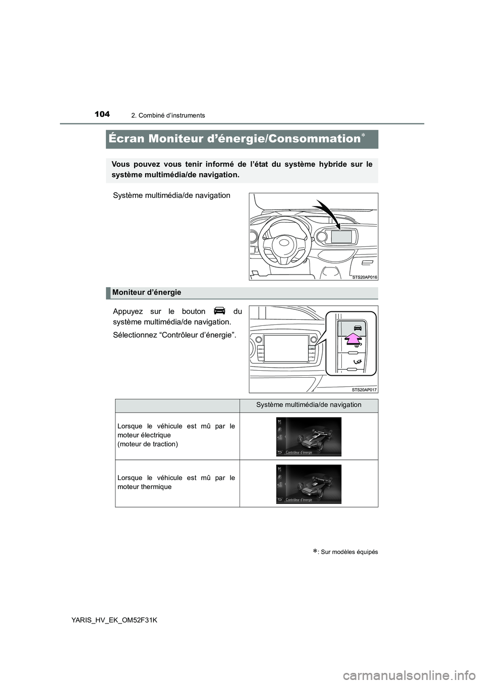 TOYOTA YARIS HYBRID 2015 Manuel du propriétaire (in French) 1042. Combiné d’instruments
YARIS_HV_EK_OM52F31K
Écran Moniteur d’énergie/Consommation∗
Système multimédia/de navigation
Appuyez sur le bouton du
système multimédia/de navigation.
S TOYOTA YARIS HYBRID 2015 Manuel du propriétaire (in French) 1042. Combiné d’instruments
YARIS_HV_EK_OM52F31K
Écran Moniteur d’énergie/Consommation∗
Système multimédia/de navigation
Appuyez sur le bouton du
système multimédia/de navigation.
S