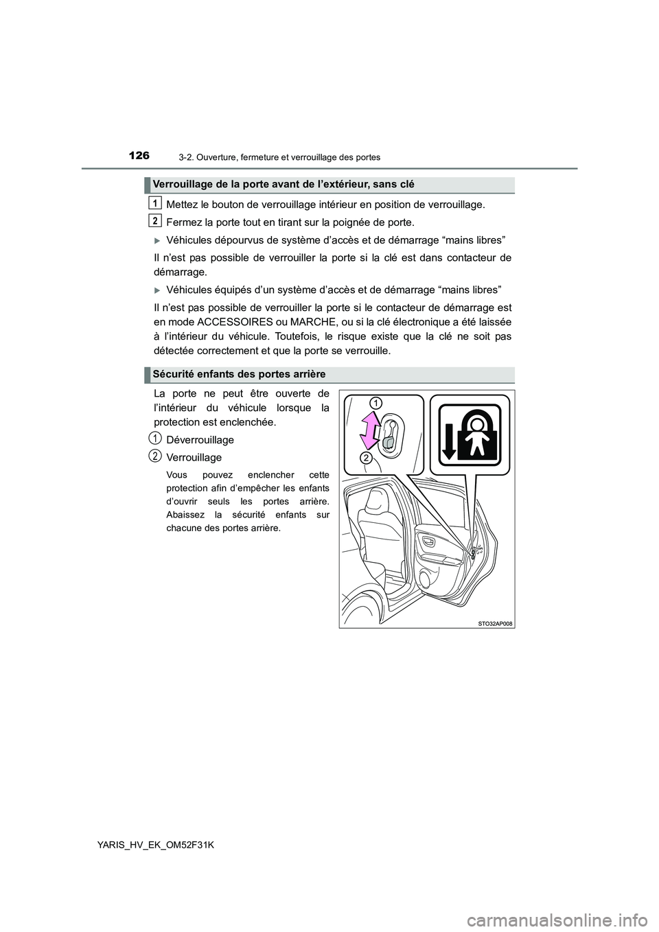 TOYOTA YARIS HYBRID 2015  Manuel du propriétaire (in French) 1263-2. Ouverture, fermeture et verrouillage des portes
YARIS_HV_EK_OM52F31K
Mettez le bouton de verrouillage intérieur en position de verrouillage. 
Fermez la porte tout en tirant sur la poignée de