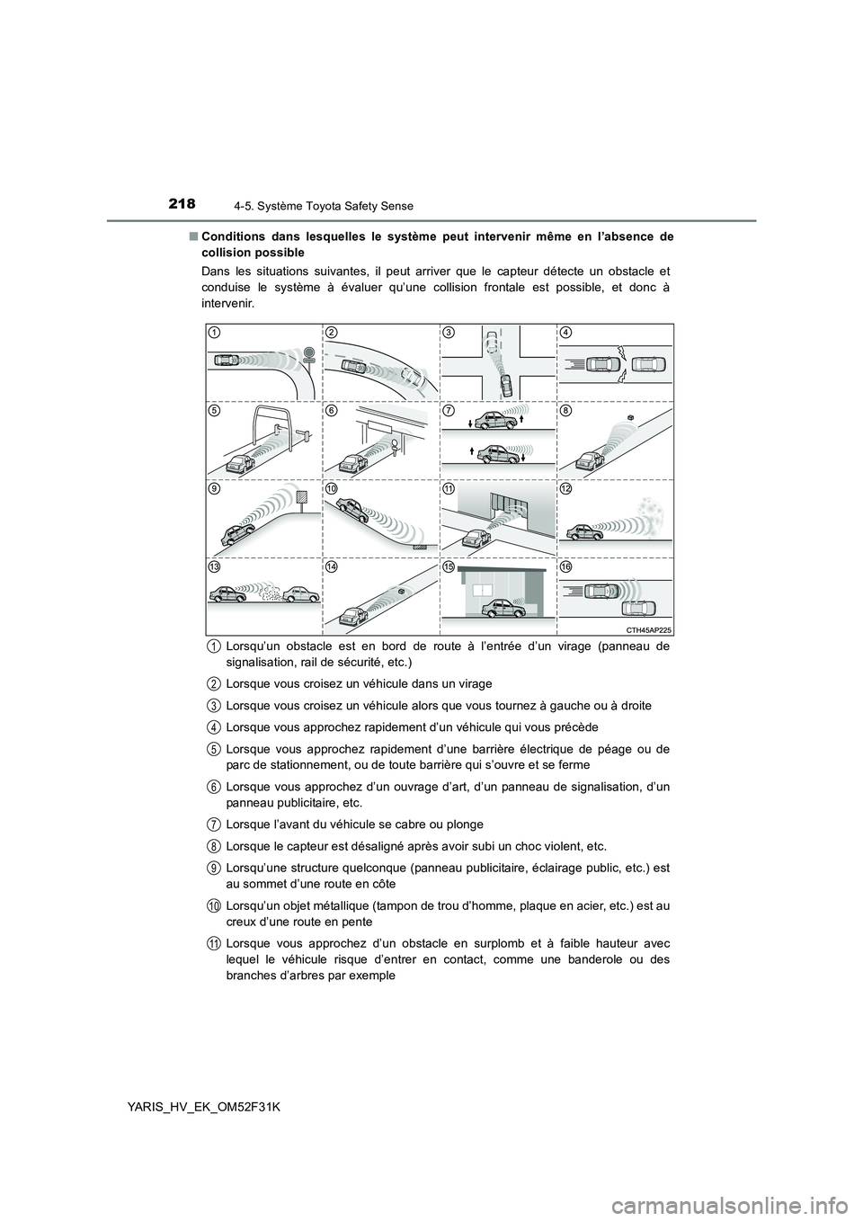 TOYOTA YARIS HYBRID 2015  Manuel du propriétaire (in French) 2184-5. Système Toyota Safety Sense
YARIS_HV_EK_OM52F31K 
■ Conditions dans lesquelles le système peut intervenir même en l’absence de 
collision possible 
Dans les situations suivantes, il peu