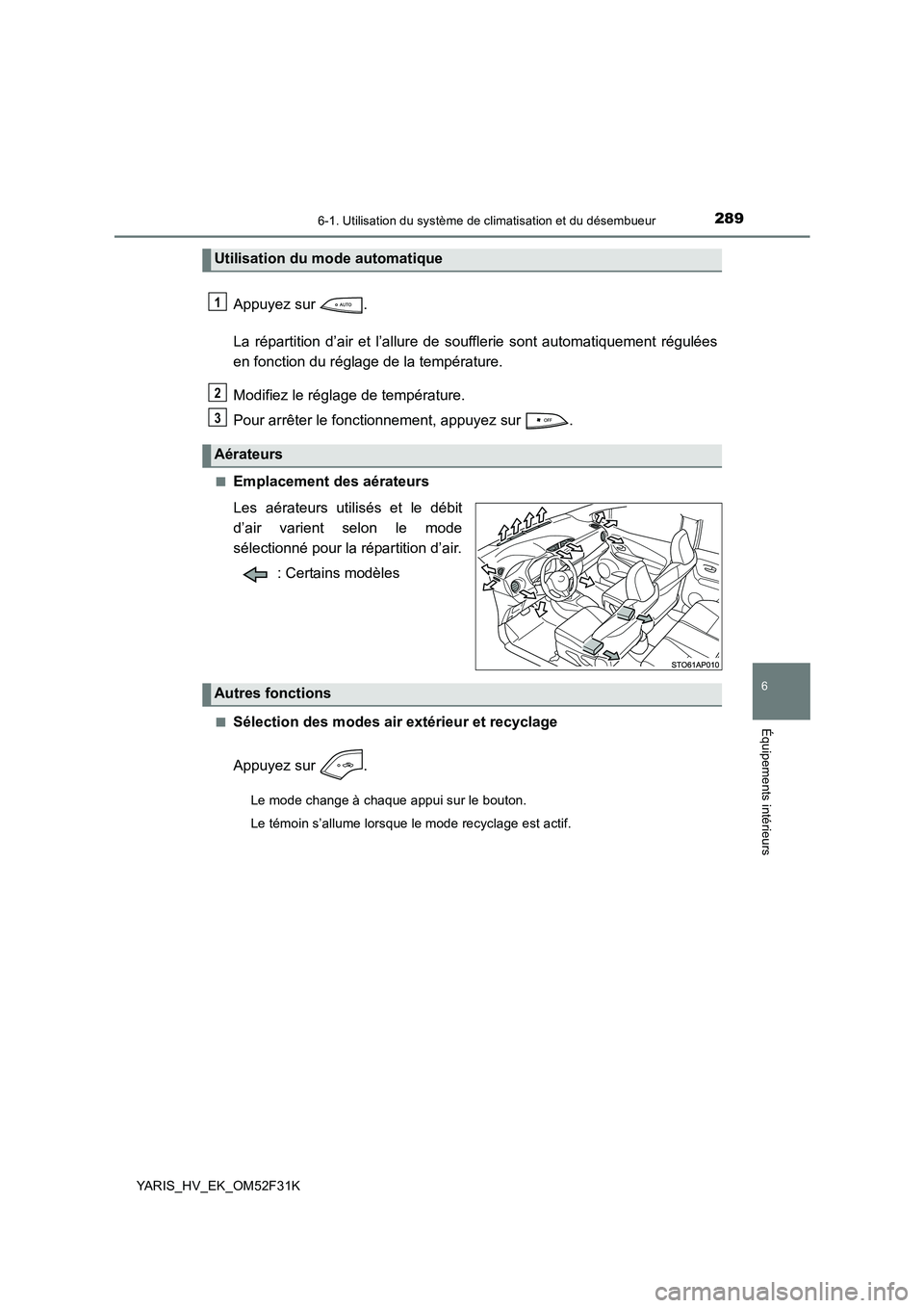 TOYOTA YARIS HYBRID 2015  Manuel du propriétaire (in French) 2896-1. Utilisation du système de climatisation et du désembueur
6
Équipements intérieurs
YARIS_HV_EK_OM52F31K
Appuyez sur  . 
La répartition d’air et l’allure de s oufflerie sont automatique