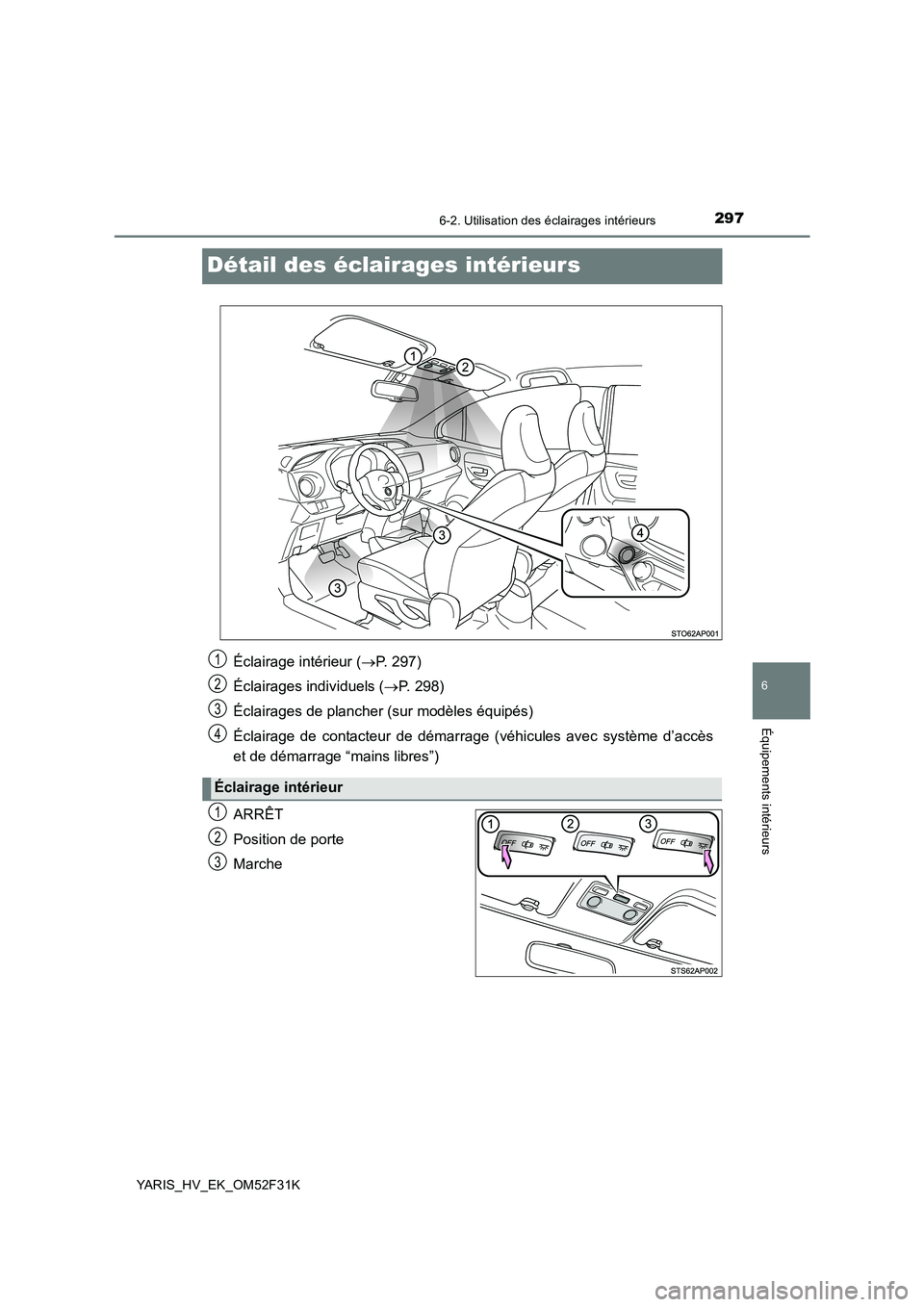 TOYOTA YARIS HYBRID 2015  Manuel du propriétaire (in French) 2976-2. Utilisation des éclairages intérieurs
6
Équipements intérieurs
YARIS_HV_EK_OM52F31K
Détail des éclairages intérieurs
ARRÊT 
Position de porte
Marche
Éclairage intérieur ( →P. 297) 