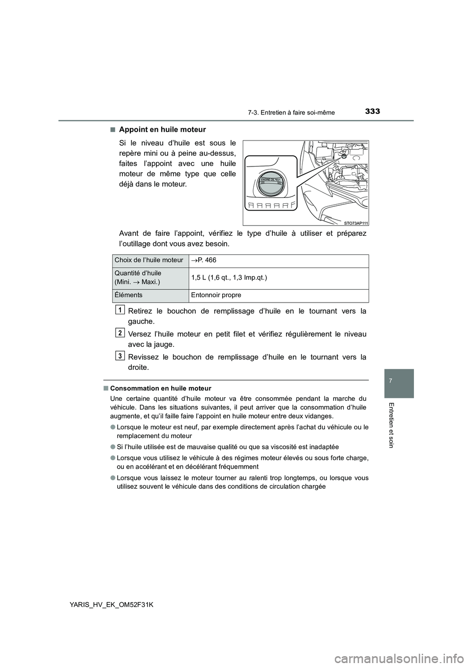 TOYOTA YARIS HYBRID 2015 Manuel du propriétaire (in French) 3337-3. Entretien à faire soi-même
7
Entretien et soin
YARIS_HV_EK_OM52F31K
■Appoint en huile moteur
Si le niveau d’huile est sous le
repère mini ou à peine au-dessus,
faites l’appoint av TOYOTA YARIS HYBRID 2015 Manuel du propriétaire (in French) 3337-3. Entretien à faire soi-même
7
Entretien et soin
YARIS_HV_EK_OM52F31K
■Appoint en huile moteur
Si le niveau d’huile est sous le
repère mini ou à peine au-dessus,
faites l’appoint av