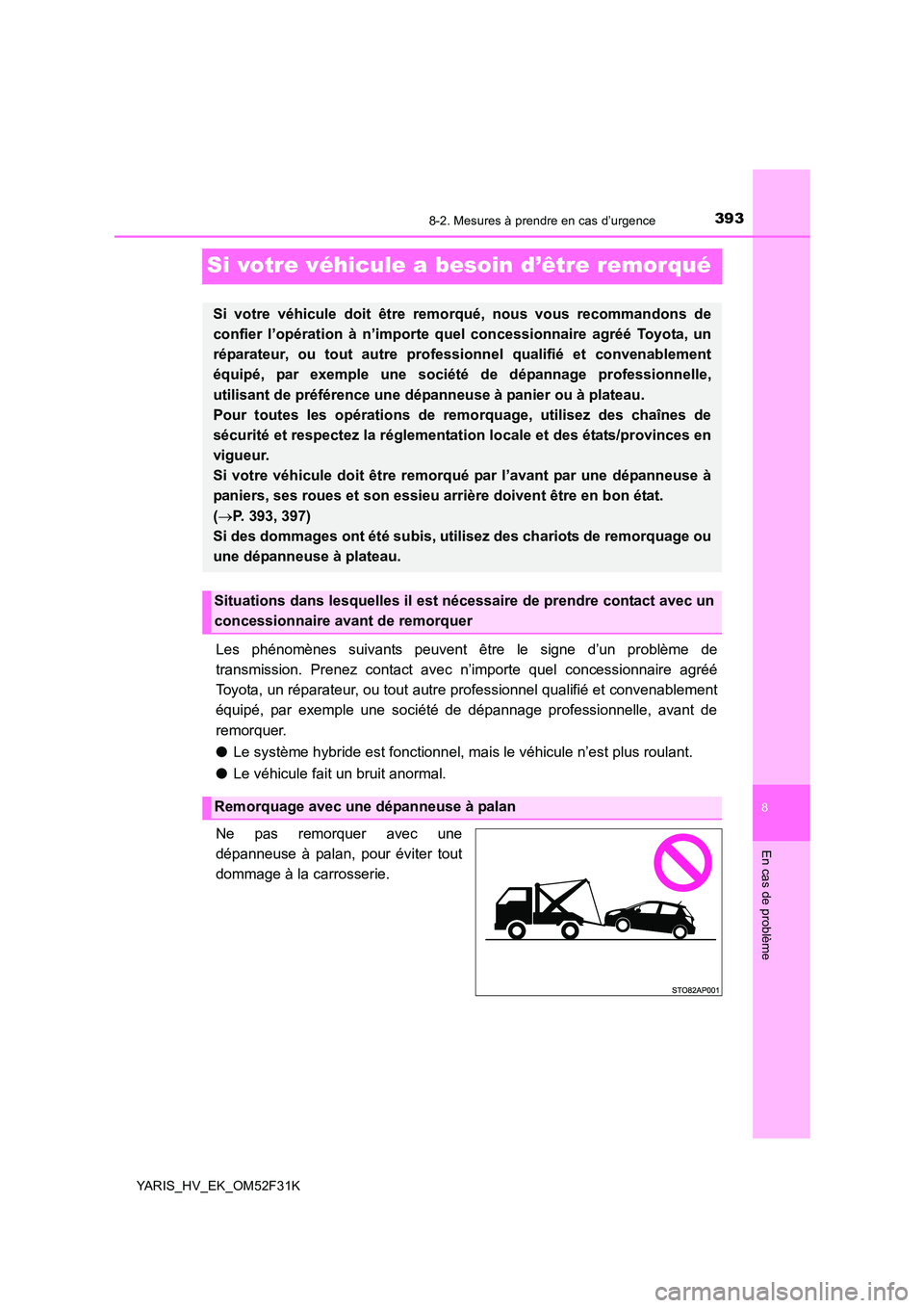 TOYOTA YARIS HYBRID 2015 Manuel du propriétaire (in French) 3938-2. Mesures à prendre en cas d’urgence
8
En cas de problème
YARIS_HV_EK_OM52F31K
Si votre véhicule a besoin d’être remorqué
Les phénomènes suivants peuvent être le signe d’un problè TOYOTA YARIS HYBRID 2015 Manuel du propriétaire (in French) 3938-2. Mesures à prendre en cas d’urgence
8
En cas de problème
YARIS_HV_EK_OM52F31K
Si votre véhicule a besoin d’être remorqué
Les phénomènes suivants peuvent être le signe d’un problè