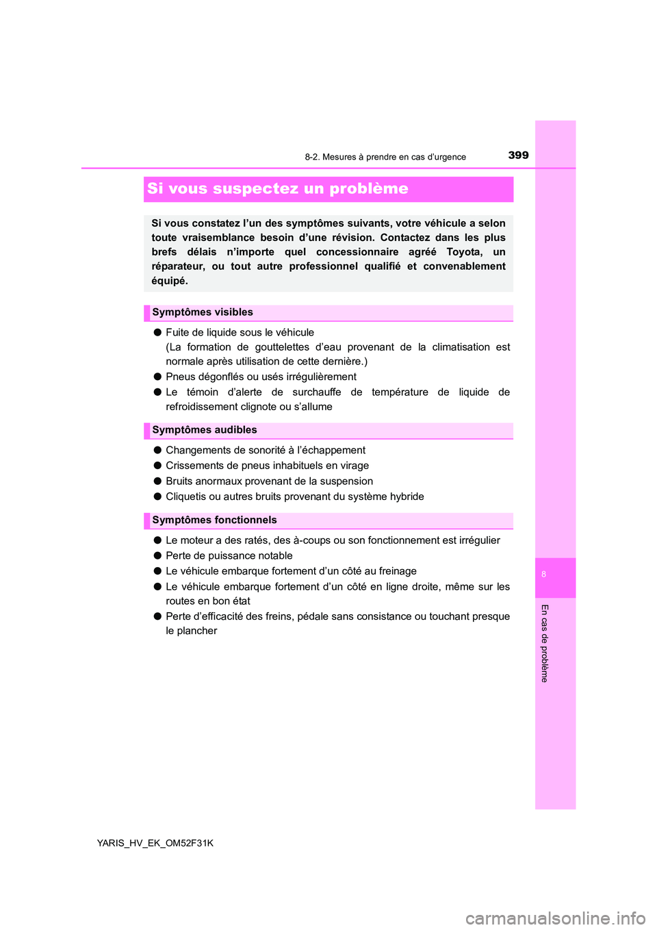 TOYOTA YARIS HYBRID 2015 Manuel du propriétaire (in French) 3998-2. Mesures à prendre en cas d’urgence
8
En cas de problème
YARIS_HV_EK_OM52F31K
Si vous suspectez un problème
●Fuite de liquide sous le véhicule
(La formation de gouttelettes d’eau pro TOYOTA YARIS HYBRID 2015 Manuel du propriétaire (in French) 3998-2. Mesures à prendre en cas d’urgence
8
En cas de problème
YARIS_HV_EK_OM52F31K
Si vous suspectez un problème
●Fuite de liquide sous le véhicule
(La formation de gouttelettes d’eau pro