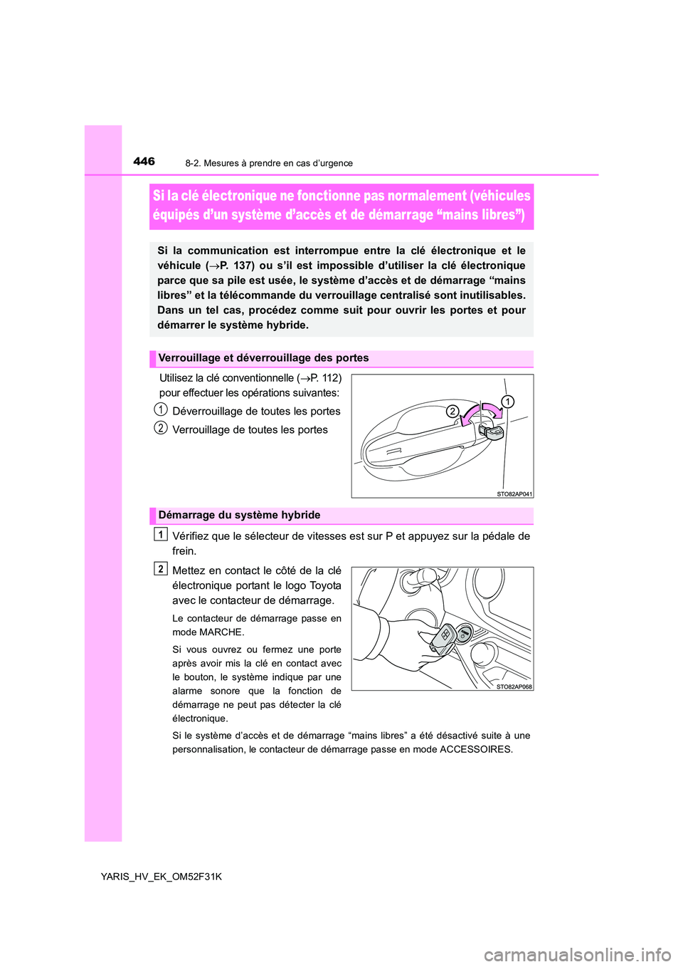 TOYOTA YARIS HYBRID 2015 Manuel du propriétaire (in French) 4468-2. Mesures à prendre en cas d’urgence
YARIS_HV_EK_OM52F31K
Si la clé électronique ne fonctionne pas normalement (véhicules
équipés d’un système d’accès et de démarrage “mains l TOYOTA YARIS HYBRID 2015 Manuel du propriétaire (in French) 4468-2. Mesures à prendre en cas d’urgence
YARIS_HV_EK_OM52F31K
Si la clé électronique ne fonctionne pas normalement (véhicules
équipés d’un système d’accès et de démarrage “mains l