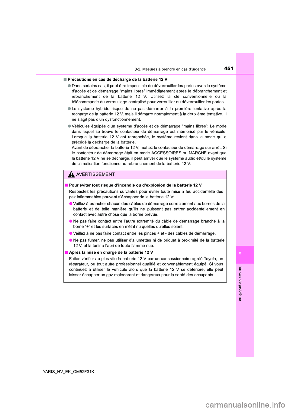 TOYOTA YARIS HYBRID 2015  Manuel du propriétaire (in French) 4518-2. Mesures à prendre en cas d’urgence
8
En cas de problème
YARIS_HV_EK_OM52F31K 
■ Précautions en cas de décharge de la batterie 12 V 
● Dans certains cas, il peut être impossible de d
