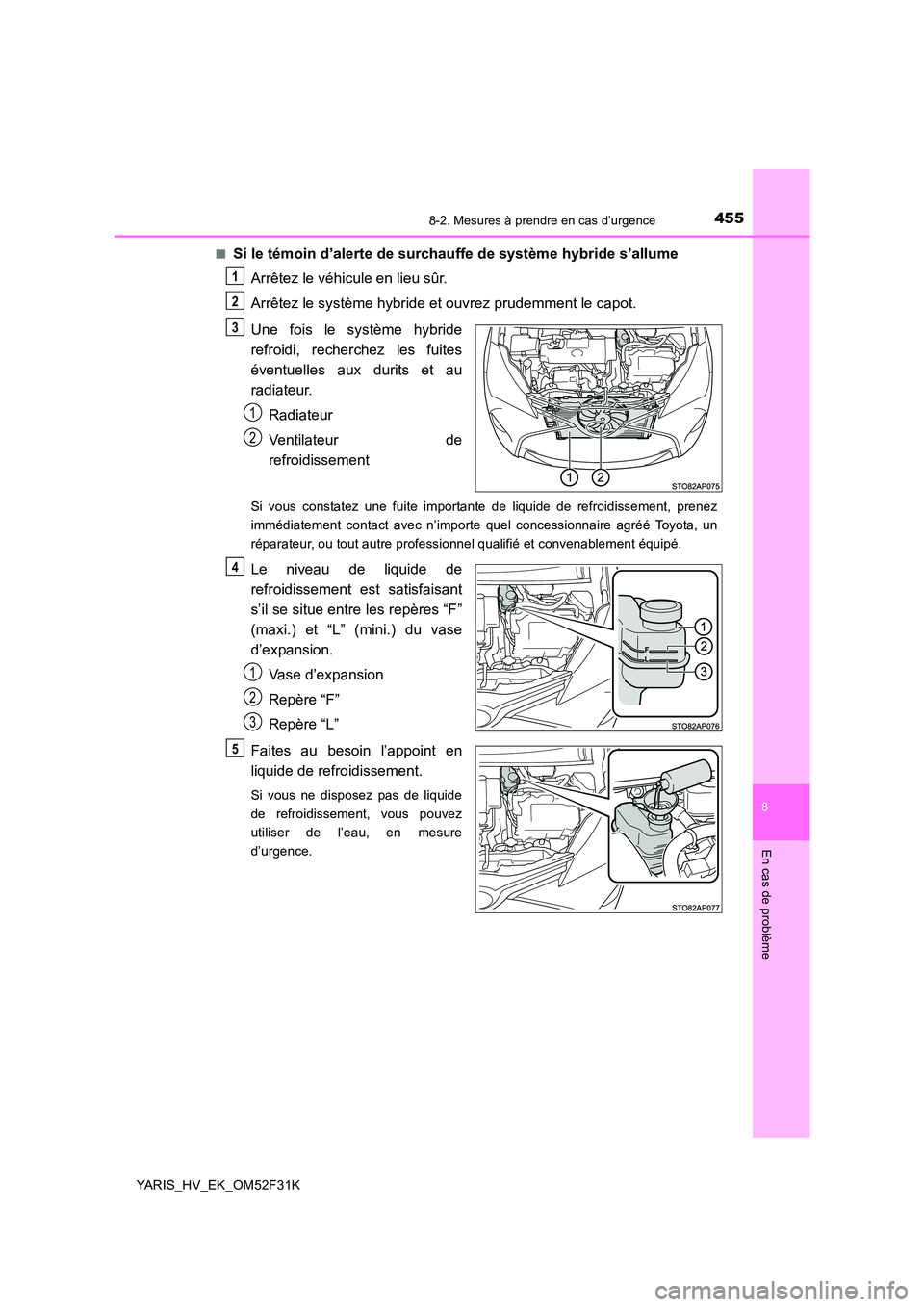 TOYOTA YARIS HYBRID 2015  Manuel du propriétaire (in French) 4558-2. Mesures à prendre en cas d’urgence
8
En cas de problème
YARIS_HV_EK_OM52F31K 
■Si le témoin d’alerte de surchauffe de système hybride s’allume 
Arrêtez le véhicule en lieu sûr. 