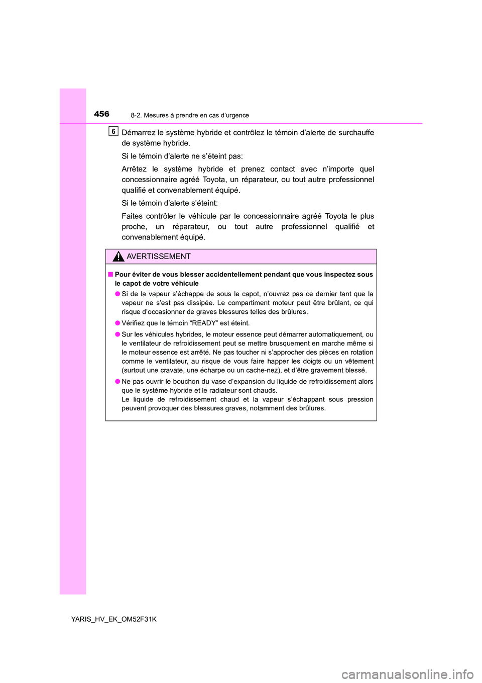 TOYOTA YARIS HYBRID 2015  Manuel du propriétaire (in French) 4568-2. Mesures à prendre en cas d’urgence
YARIS_HV_EK_OM52F31K
Démarrez le système hybride et contrôlez le témoin d’alerte de surchauffe 
de système hybride. 
Si le témoin d’alerte ne s