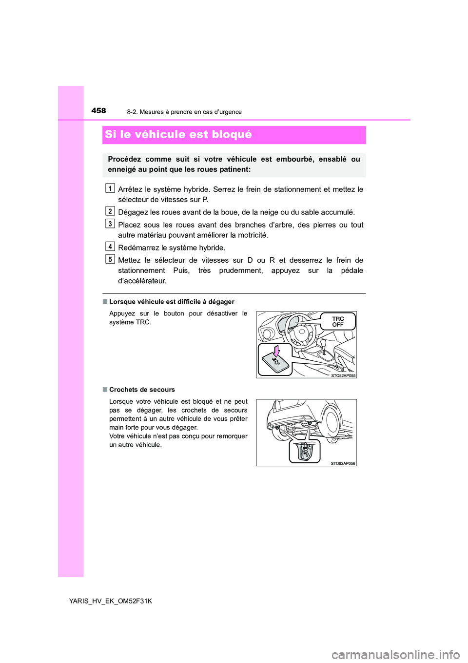 TOYOTA YARIS HYBRID 2015  Manuel du propriétaire (in French) 4588-2. Mesures à prendre en cas d’urgence
YARIS_HV_EK_OM52F31K
Si le véhicule est bloqué
Arrêtez le système hybride. Serrez le frein de stationnement et mettez le 
sélecteur de vitesses sur P