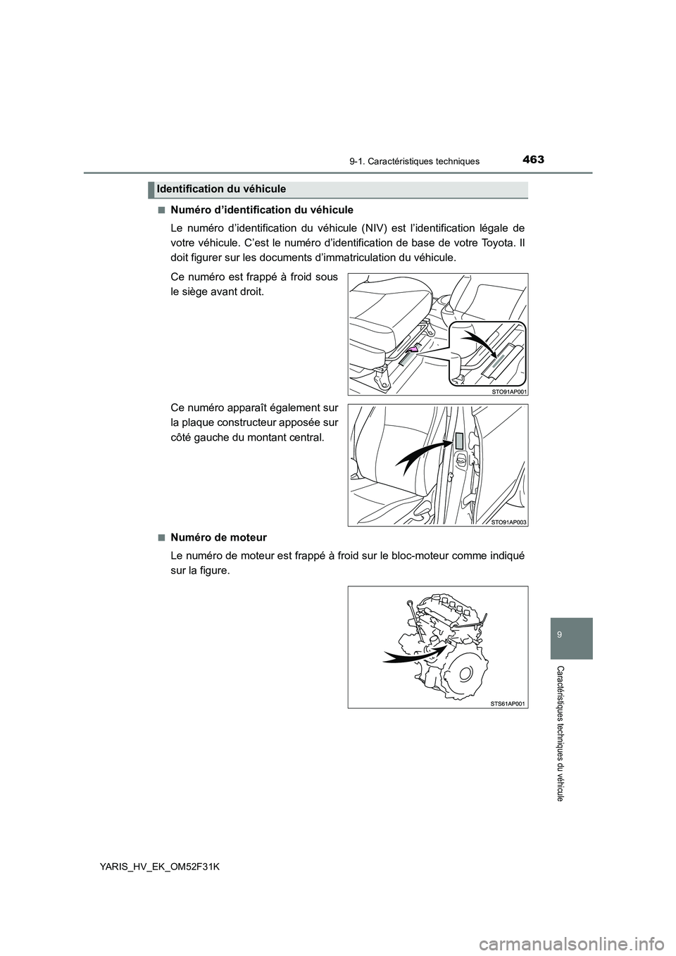TOYOTA YARIS HYBRID 2015 Manuel du propriétaire (in French) 4639-1. Caractéristiques techniques
9
Caractéristiques techniques du véhicule
YARIS_HV_EK_OM52F31K
■Numéro d’identification du véhicule
Le numéro d’identification du véhicule (NIV) est TOYOTA YARIS HYBRID 2015 Manuel du propriétaire (in French) 4639-1. Caractéristiques techniques
9
Caractéristiques techniques du véhicule
YARIS_HV_EK_OM52F31K
■Numéro d’identification du véhicule
Le numéro d’identification du véhicule (NIV) est