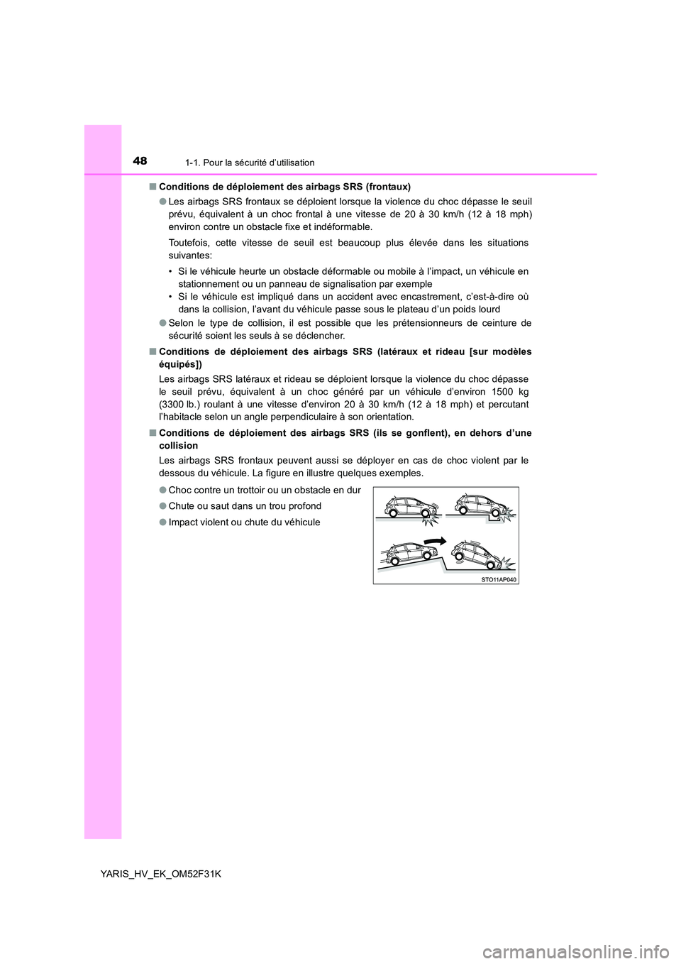 TOYOTA YARIS HYBRID 2015 Manuel du propriétaire (in French) 481-1. Pour la sécurité d’utilisation
YARIS_HV_EK_OM52F31K
■ Conditions de déploiement des airbags SRS (frontaux)
● Les airbags SRS frontaux se déploient lorsque la violence du choc dépas TOYOTA YARIS HYBRID 2015 Manuel du propriétaire (in French) 481-1. Pour la sécurité d’utilisation
YARIS_HV_EK_OM52F31K
■ Conditions de déploiement des airbags SRS (frontaux)
● Les airbags SRS frontaux se déploient lorsque la violence du choc dépas