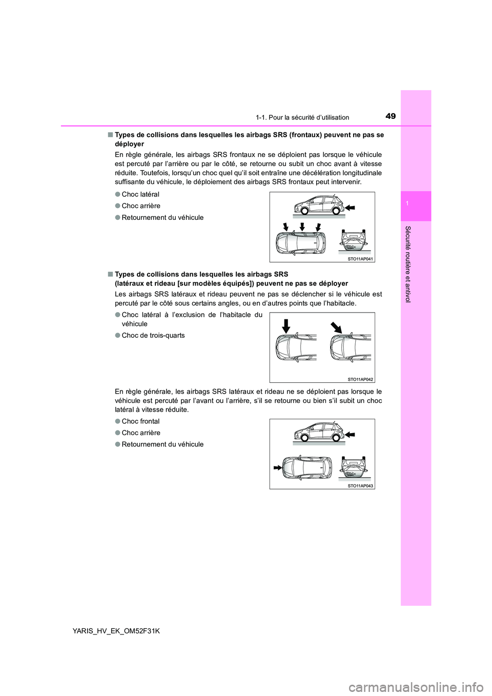 TOYOTA YARIS HYBRID 2015 Manuel du propriétaire (in French) 491-1. Pour la sécurité d’utilisation
1
Sécurité routière et antivol
YARIS_HV_EK_OM52F31K
■ Types de collisions dans lesquelles les airbags SRS (frontaux) peuvent ne pas se
déployer
En r TOYOTA YARIS HYBRID 2015 Manuel du propriétaire (in French) 491-1. Pour la sécurité d’utilisation
1
Sécurité routière et antivol
YARIS_HV_EK_OM52F31K
■ Types de collisions dans lesquelles les airbags SRS (frontaux) peuvent ne pas se
déployer
En r