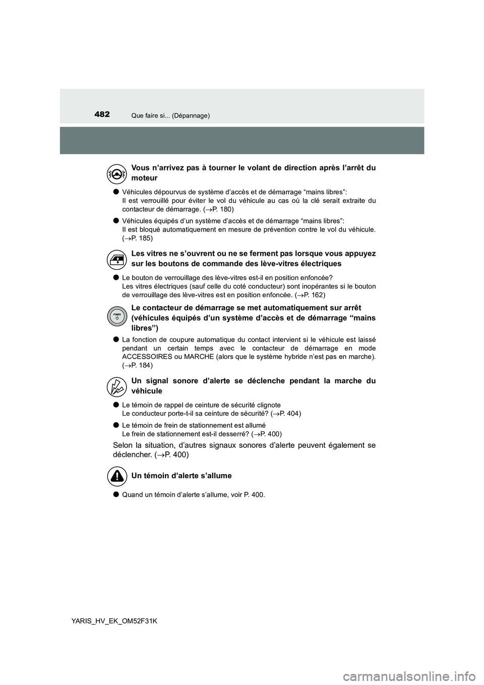 TOYOTA YARIS HYBRID 2015  Manuel du propriétaire (in French) 482Que faire si... (Dépannage)
YARIS_HV_EK_OM52F31K
●Véhicules dépourvus de système d’accès et de démarrage “mains libres”:  
Il est verrouillé pour éviter le vol du véhicule au cas o