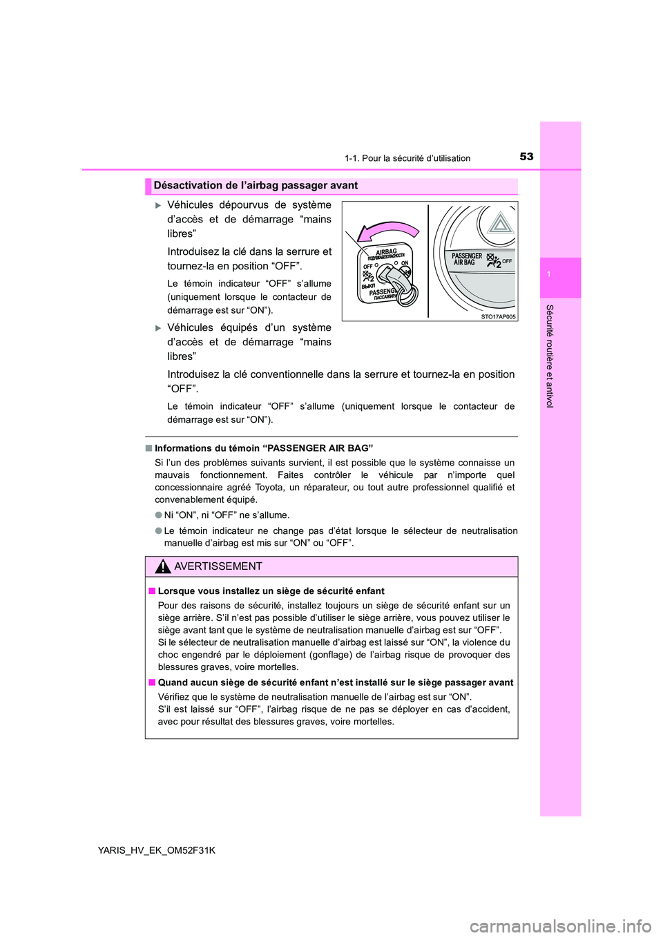TOYOTA YARIS HYBRID 2015  Manuel du propriétaire (in French) 531-1. Pour la sécurité d’utilisation
1
Sécurité routière et antivol
YARIS_HV_EK_OM52F31K
�XVéhicules dépourvus de système 
d’accès et de démarrage “mains
libres” 
Introduisez la cl
