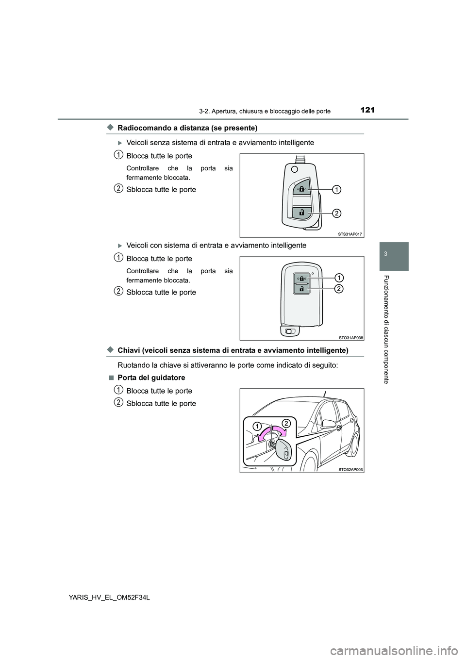 TOYOTA YARIS HYBRID 2015  Manuale duso (in Italian) 1213-2. Apertura, chiusura e bloccaggio delle porte
3
Funzionamento di ciascun componente
YARIS_HV_EL_OM52F34L
◆Radiocomando a distanza (se presente)
�XVeicoli senza sistema di entrata e avviamento 