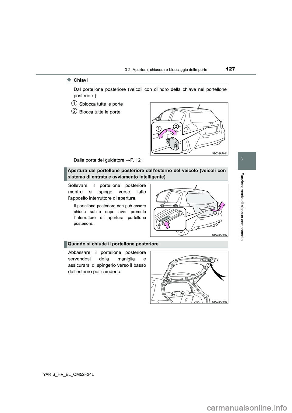 TOYOTA YARIS HYBRID 2015  Manuale duso (in Italian) 1273-2. Apertura, chiusura e bloccaggio delle porte
3
Funzionamento di ciascun componente
YARIS_HV_EL_OM52F34L
◆Chiavi 
Dal portellone posteriore (veicoli con cilindro della chiave nel portellone 
p