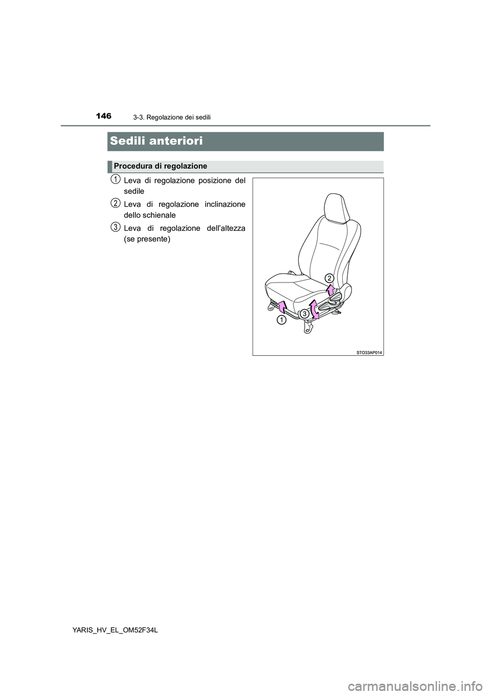 TOYOTA YARIS HYBRID 2015  Manuale duso (in Italian) 1463-3. Regolazione dei sedili
YARIS_HV_EL_OM52F34L
Sedili anteriori
Leva di regolazione posizione del 
sedile 
Leva di regolazione inclinazione 
dello schienale 
Leva di regolazione dell’altezza 
(