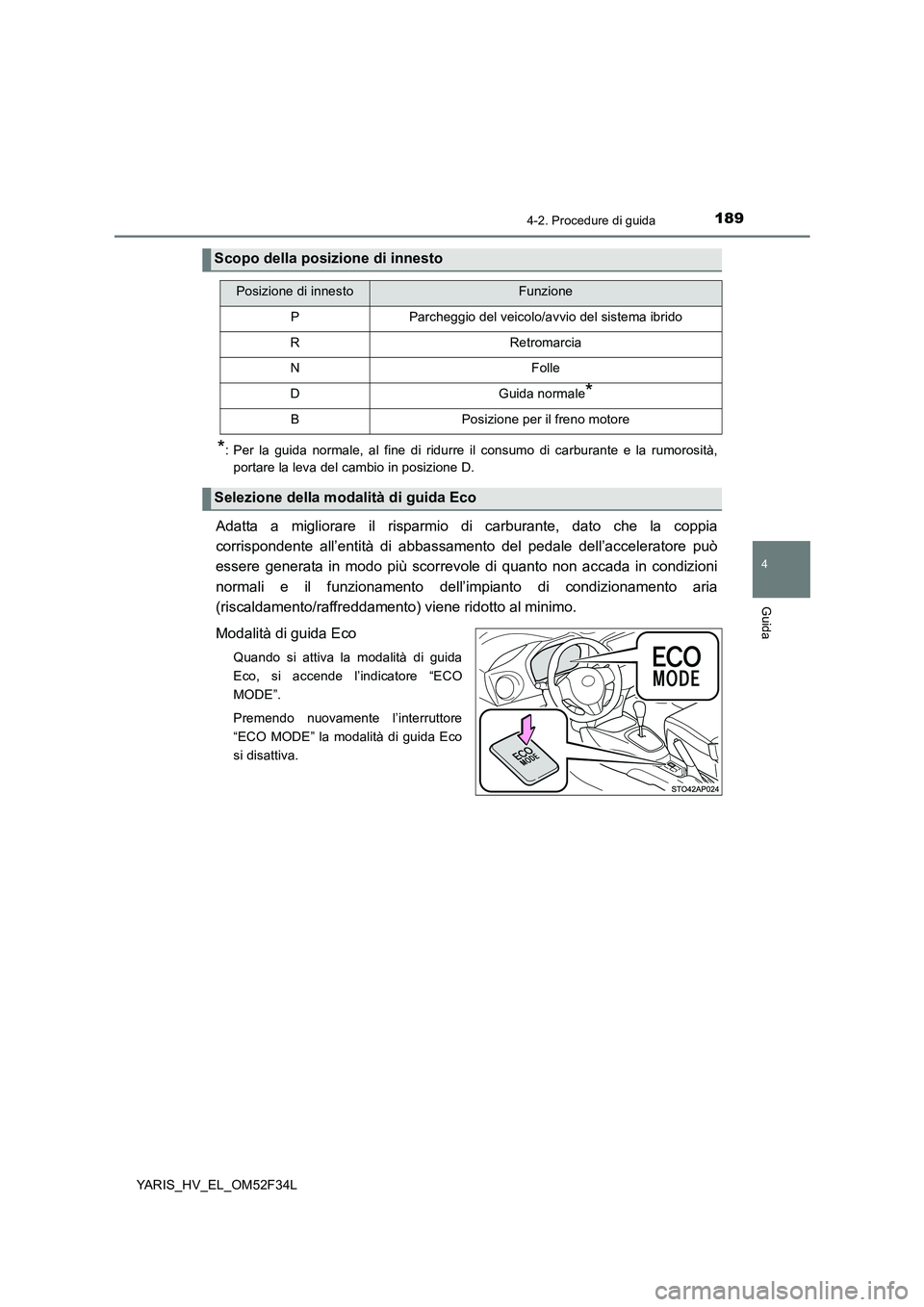 TOYOTA YARIS HYBRID 2015  Manuale duso (in Italian) 1894-2. Procedure di guida
4
Guida
YARIS_HV_EL_OM52F34L
*: Per la guida normale, al fine di ridurre il consumo di carburante e la rumorosità, 
portare la leva del cambio in posizione D.
Adatta a migl