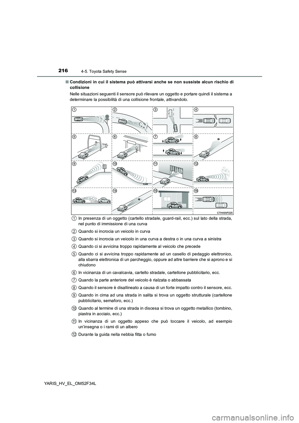 TOYOTA YARIS HYBRID 2015 Manuale duso (in Italian) 2164-5. Toyota Safety Sense
YARIS_HV_EL_OM52F34L
■ Condizioni in cui il sistema può attivarsi anche se non sussiste alcun rischio di
collisione
Nelle situazioni seguenti il sensore può rilevare TOYOTA YARIS HYBRID 2015 Manuale duso (in Italian) 2164-5. Toyota Safety Sense
YARIS_HV_EL_OM52F34L
■ Condizioni in cui il sistema può attivarsi anche se non sussiste alcun rischio di
collisione
Nelle situazioni seguenti il sensore può rilevare