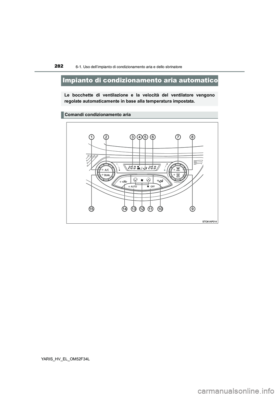 TOYOTA YARIS HYBRID 2015 Manuale duso (in Italian) 2826-1. Uso dell’impianto di condizionamento aria e dello sbrinatore
YARIS_HV_EL_OM52F34L
Impianto di condizionamento aria automatico
Le bocchette di ventilazione e la velocità del ventilatore veng TOYOTA YARIS HYBRID 2015 Manuale duso (in Italian) 2826-1. Uso dell’impianto di condizionamento aria e dello sbrinatore
YARIS_HV_EL_OM52F34L
Impianto di condizionamento aria automatico
Le bocchette di ventilazione e la velocità del ventilatore veng