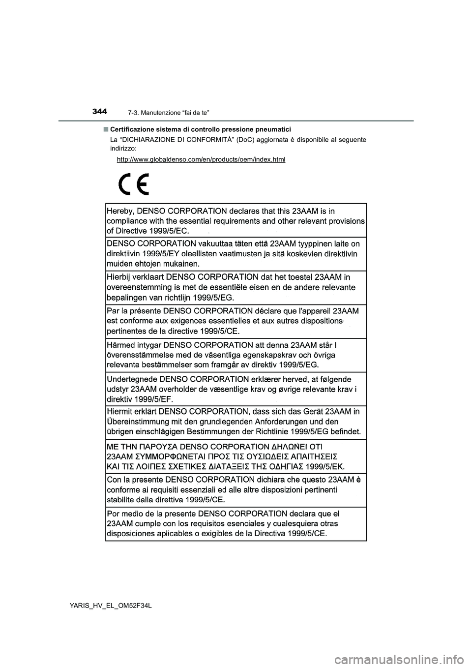 TOYOTA YARIS HYBRID 2015 Manuale duso (in Italian) 3447-3. Manutenzione “fai da te”
YARIS_HV_EL_OM52F34L
■ Certificazione sistema di controllo pressione pneumatici
La “DICHIARAZIONE DI CONFORMITÀ” (DoC) aggiornata è disponibile al seguen TOYOTA YARIS HYBRID 2015 Manuale duso (in Italian) 3447-3. Manutenzione “fai da te”
YARIS_HV_EL_OM52F34L
■ Certificazione sistema di controllo pressione pneumatici
La “DICHIARAZIONE DI CONFORMITÀ” (DoC) aggiornata è disponibile al seguen
