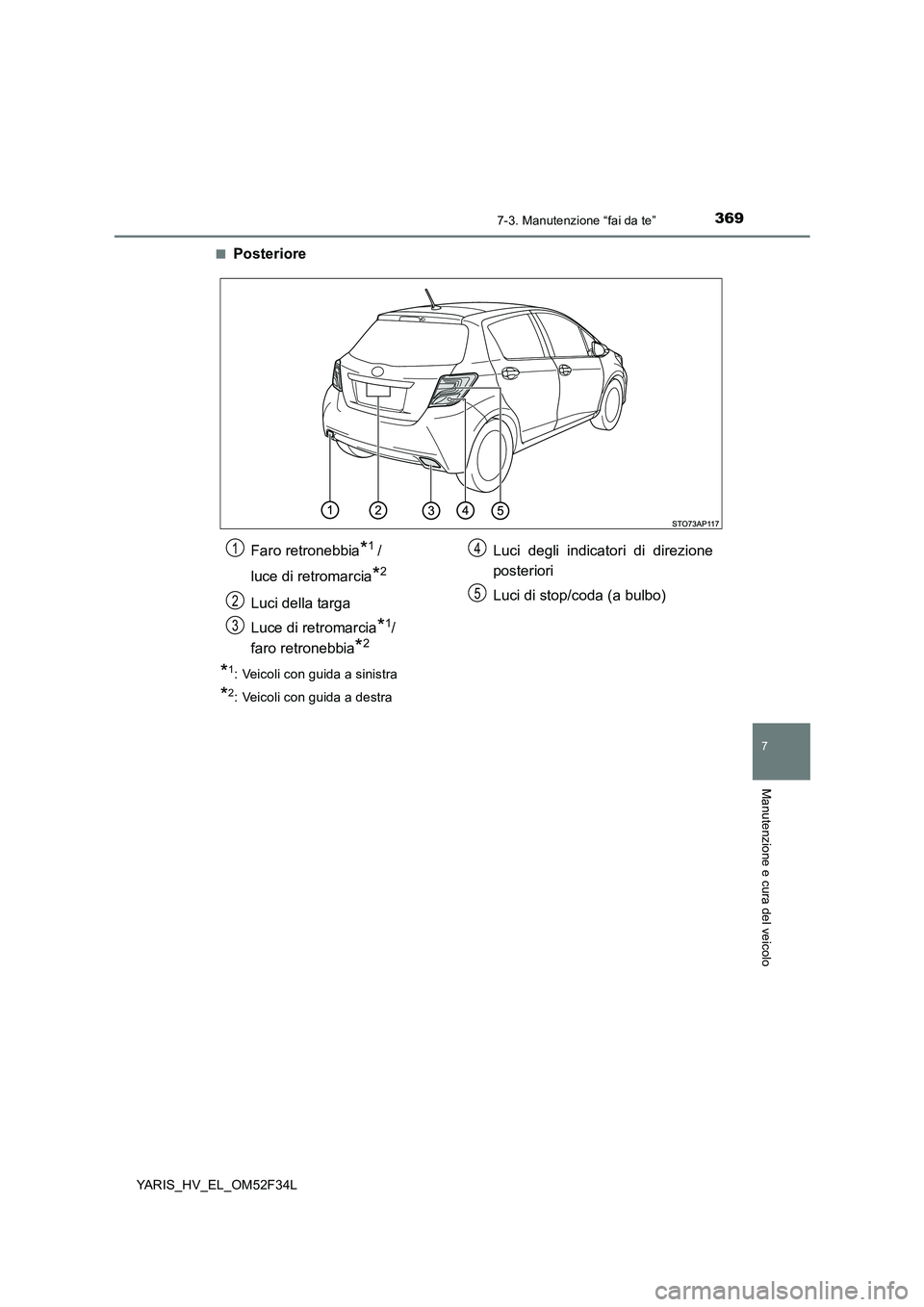 TOYOTA YARIS HYBRID 2015  Manuale duso (in Italian) 3697-3. Manutenzione “fai da te”
7
Manutenzione e cura del veicolo
YARIS_HV_EL_OM52F34L 
■Posteriore
*1: Veicoli con guida a sinistra
*2: Veicoli con guida a destra
Faro retronebbia*1 / 
luce di