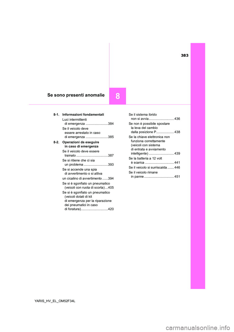 TOYOTA YARIS HYBRID 2015 Manuale duso (in Italian) 383
8Se sono presenti anomalie
YARIS_HV_EL_OM52F34L
8-1. Informazioni fondamentali
Luci intermittenti
di emergenza ........................384
Se il veicolo deve
essere arrestato in caso
di e TOYOTA YARIS HYBRID 2015 Manuale duso (in Italian) 383
8Se sono presenti anomalie
YARIS_HV_EL_OM52F34L
8-1. Informazioni fondamentali
Luci intermittenti
di emergenza ........................384
Se il veicolo deve
essere arrestato in caso
di e